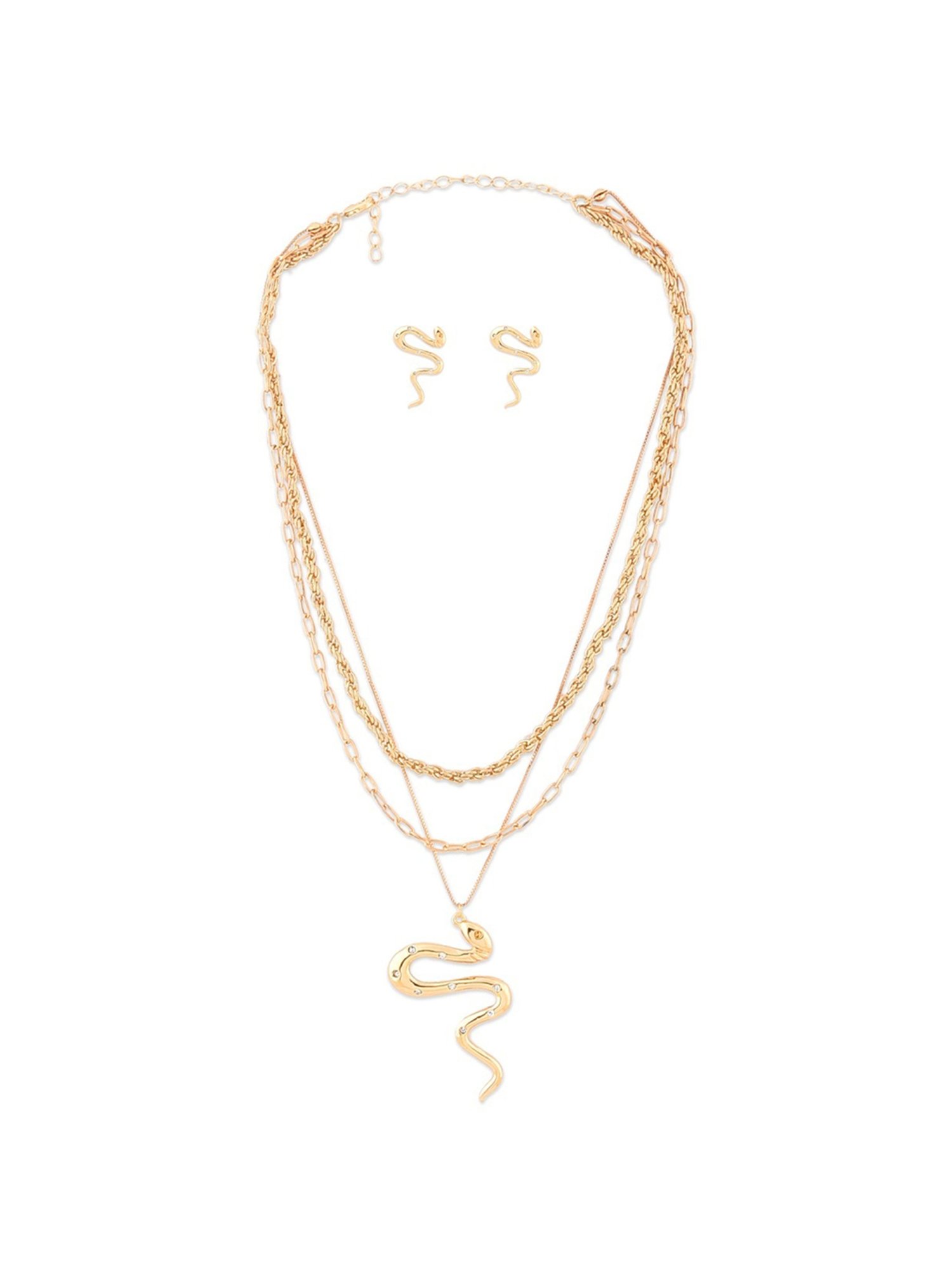 Zaveri Pearls Gold Tone 3 Layers Contemporary Snake Design Chain & Necklace & Earring Set