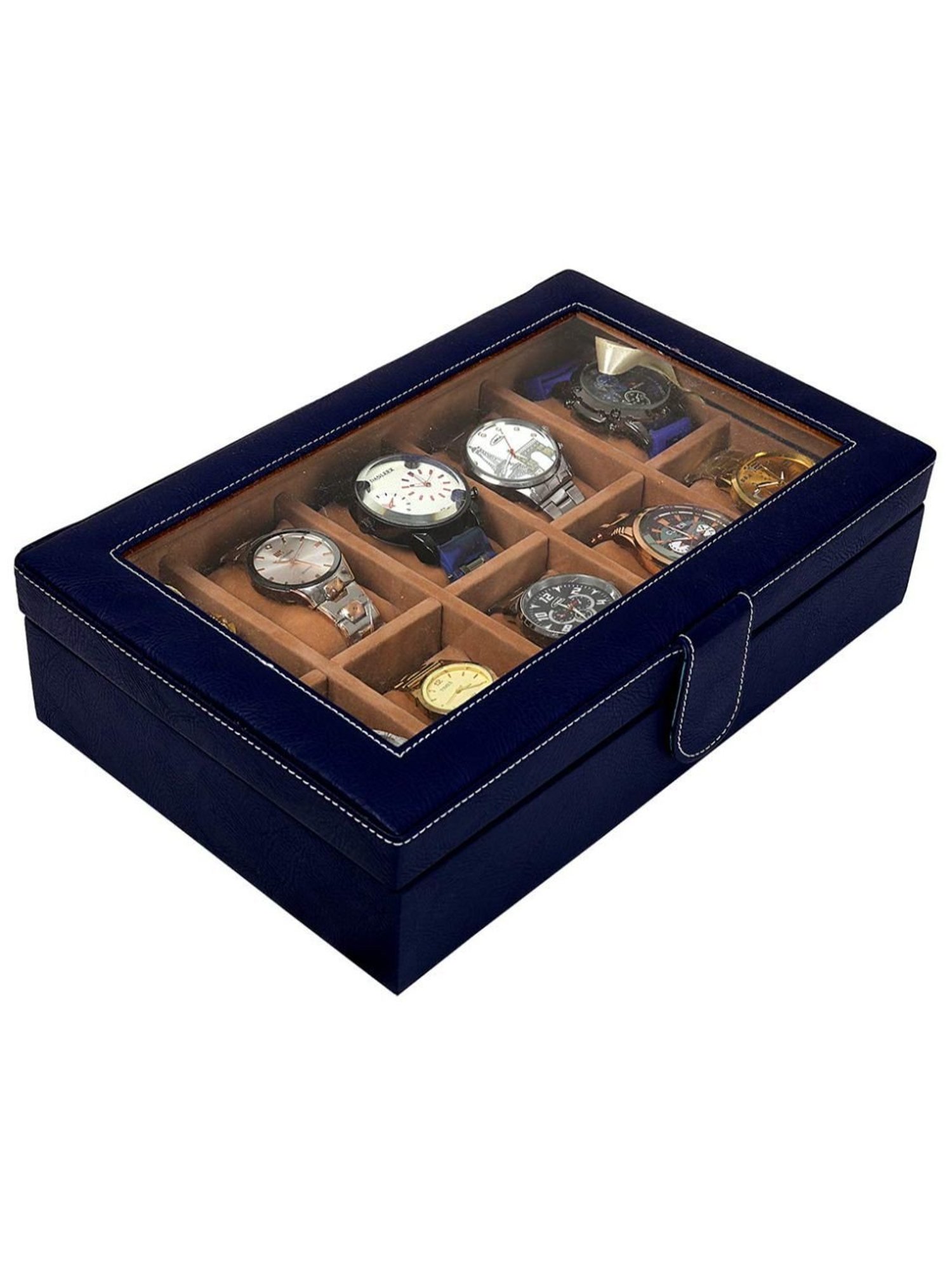 Leather World Blue Watch Box Holder Organizer Case in 10 Slots