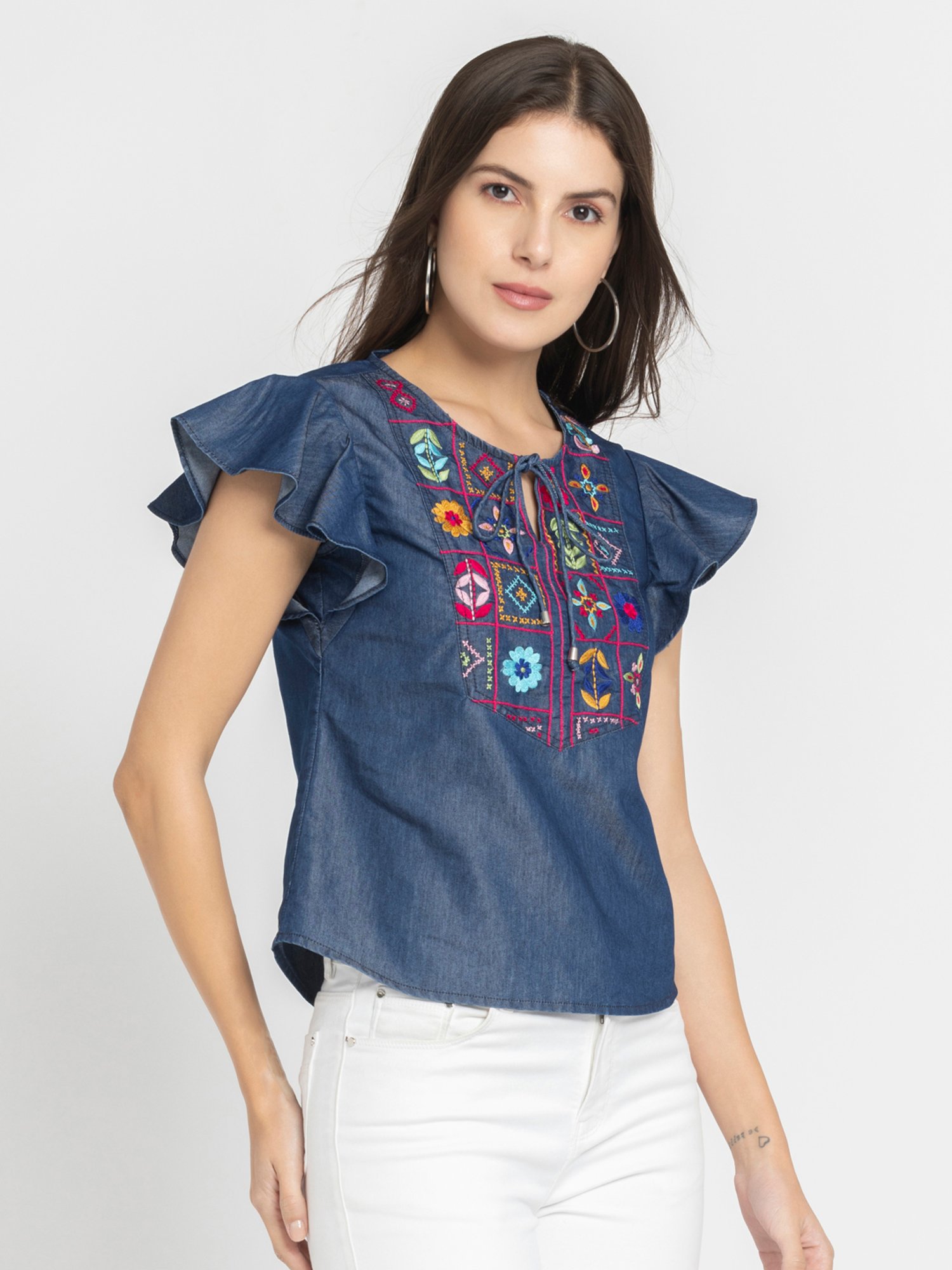 SHAYE Blue Denim Embroidered Top