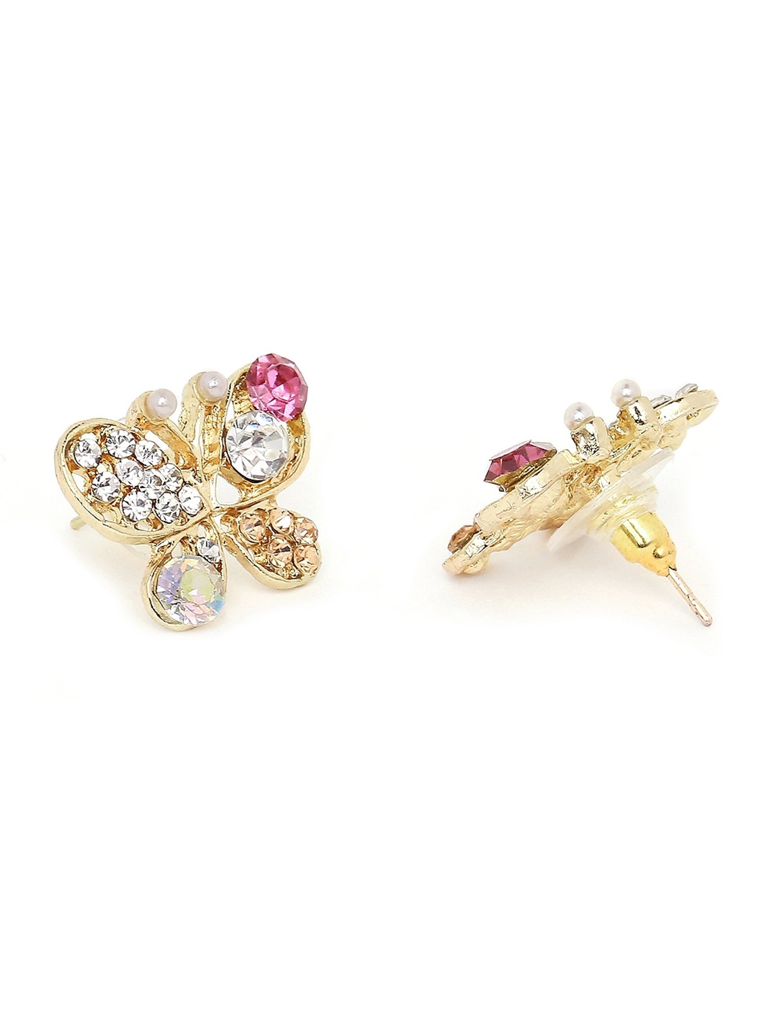 OOMPH Golden Tone Delicate Black & Pink Crystal Butterfly Small Stud Earrings for Women - Set of 2