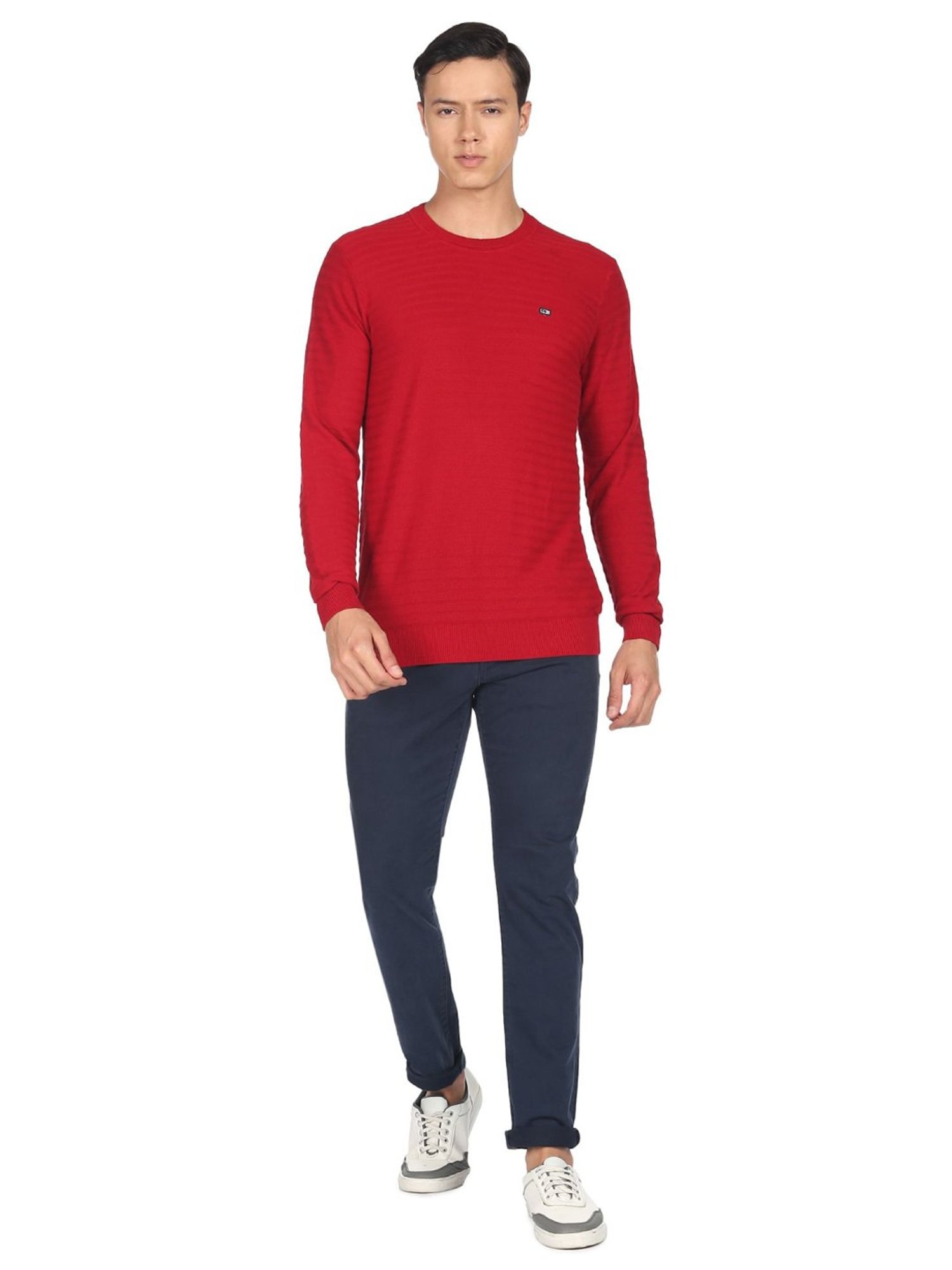 Arrow Sport Red Cotton Regular Fit Self Pattern Sweater
