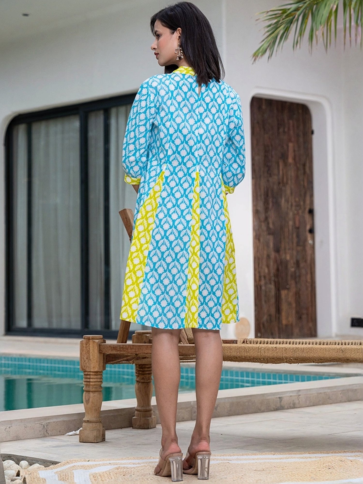 Yufta Blue & Green Cotton Printed A-Line Dress