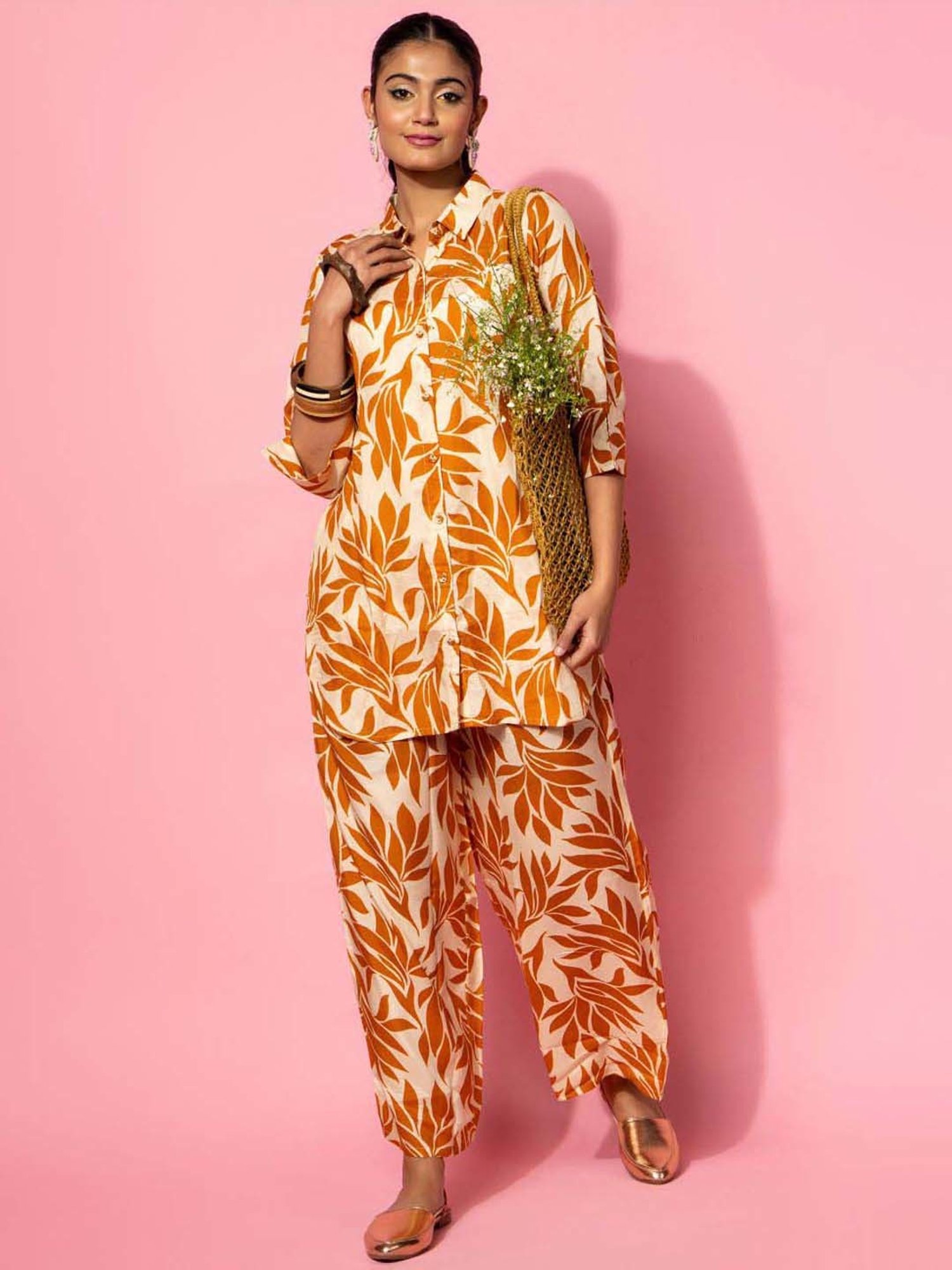 Libas Beige Printed Silk Blend Co-Ords