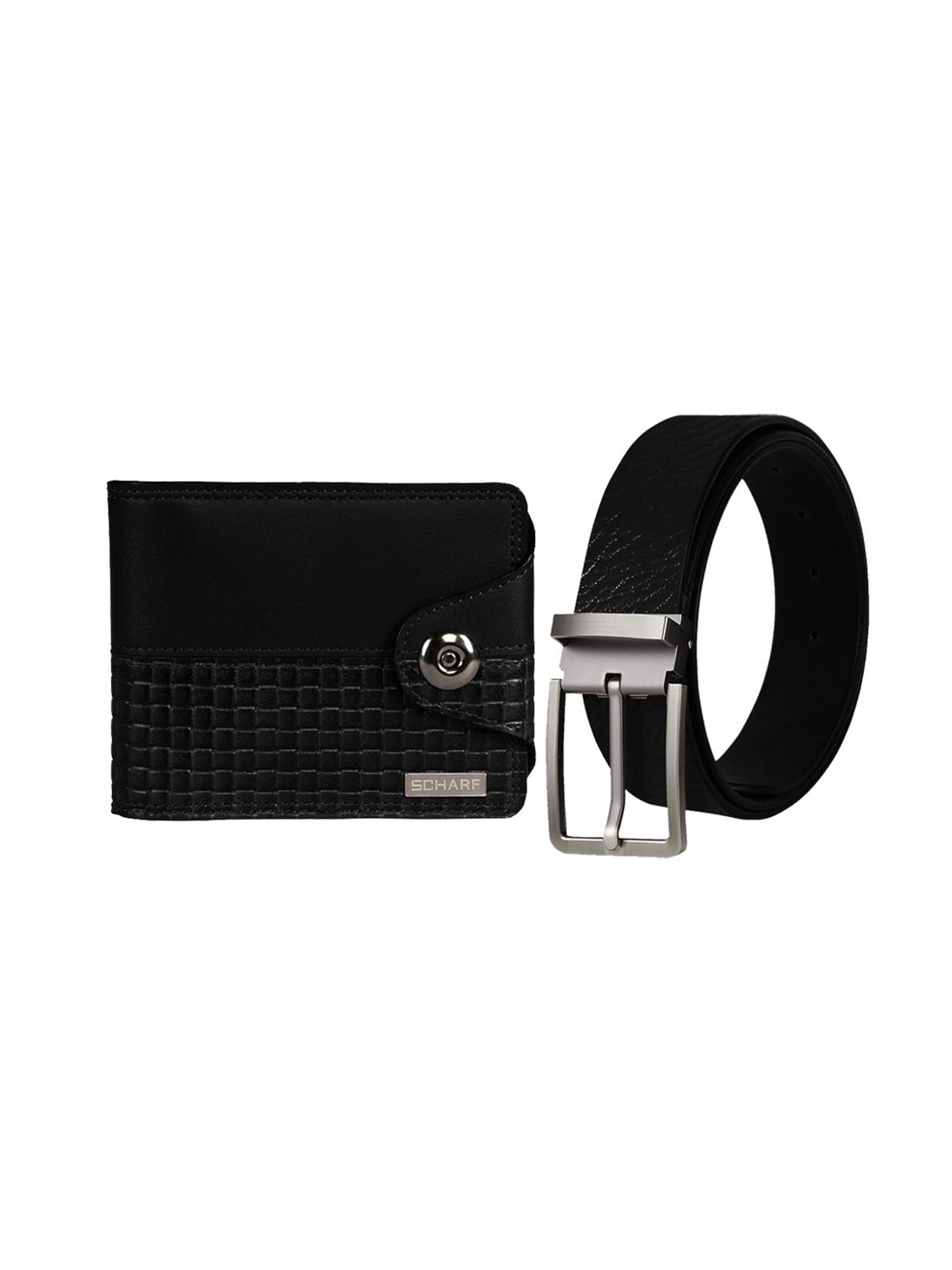 Scharf Black Leather Set Of Waist Belt And Wallet For Men