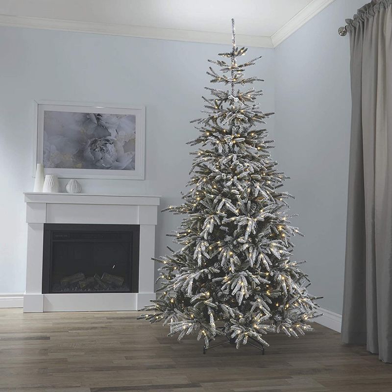 NOMA CTI1518409 7 Foot Artificial Snow Dusted Alpine White LED Light Pre Lit Christmas Tree with 650 Warm White Lights and Metal Stand, Green/White