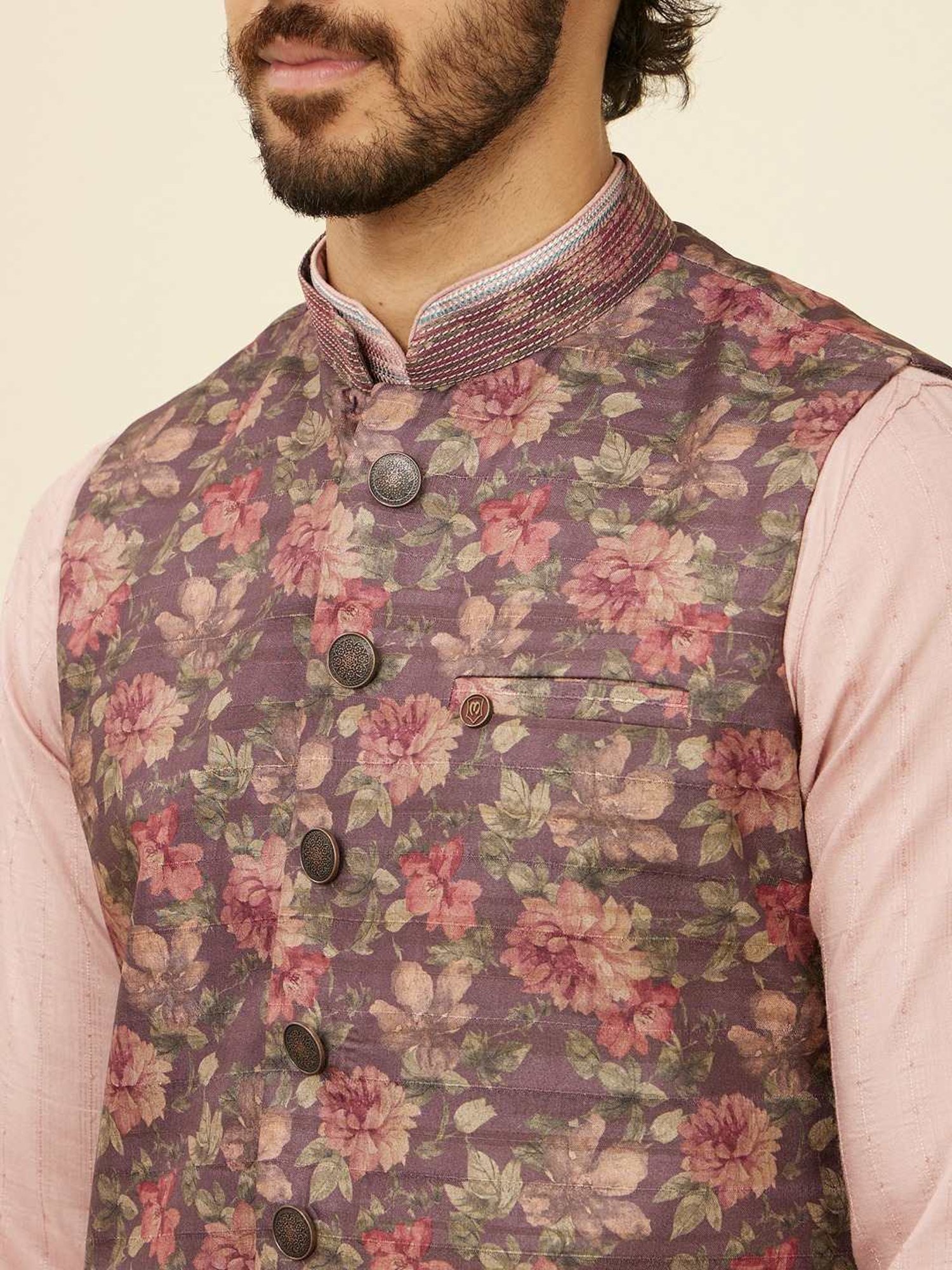 Manyavar Wine Regular Fit Printed Nehru Jacket