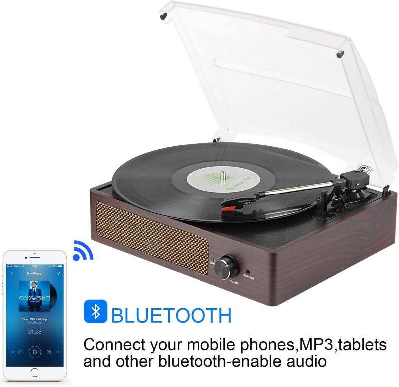 Bluetooth Record Player Belt-Driven 3-Speed Turntable, Vintage Vinyl Record Players Built-in Stereo Speakers, with Headphone Jack/ Aux Input/ RCA Line Out