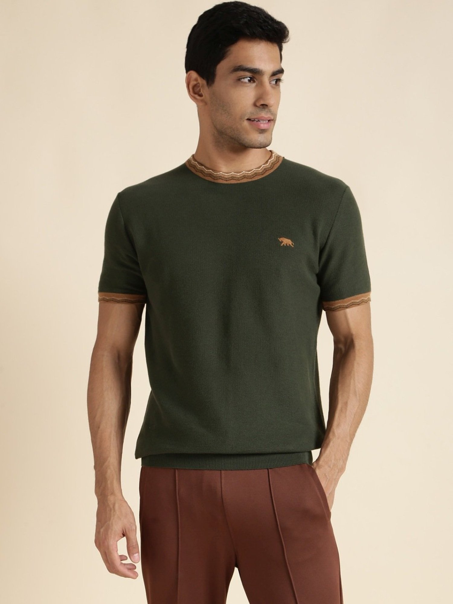 Andamen Olive Regular Fit Self Pattern T-Shirt
