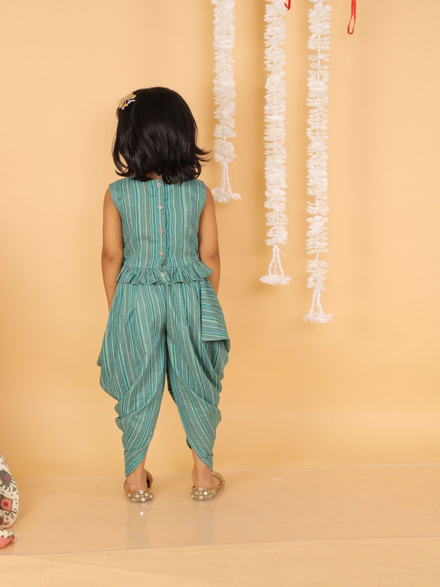 Lil Drama Kids Green Striped Top with Dhoti