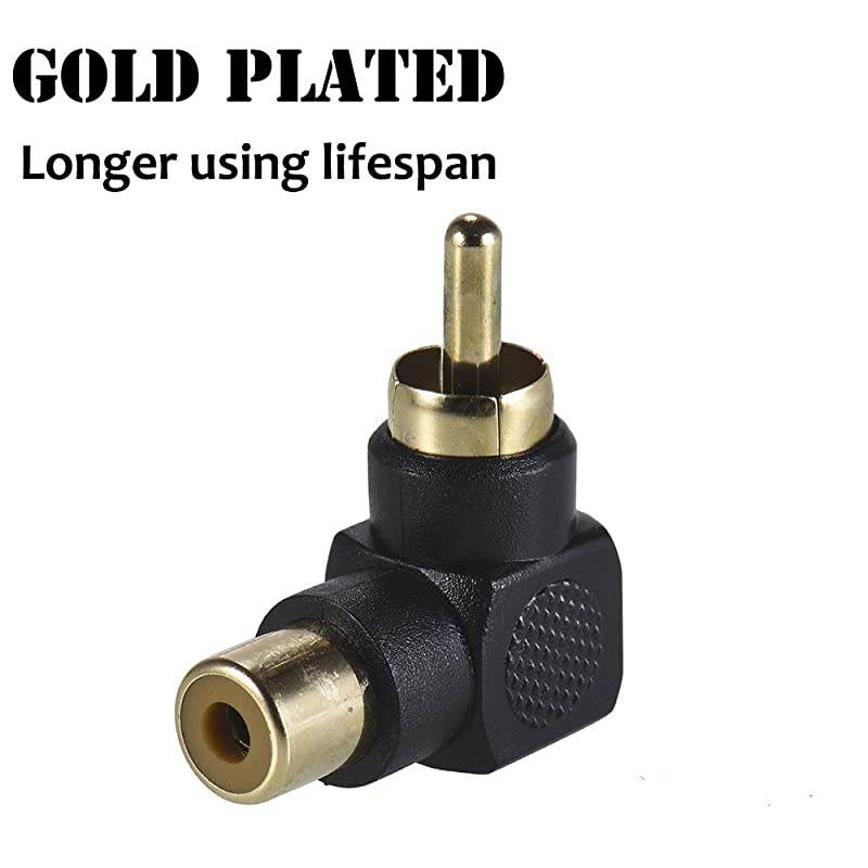 5Pack Gold Plated RCA Male to Female Coupler L Shape 90 Degrees Right Angle RCA Adapter Black
