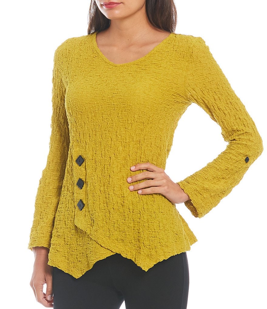 Ali Miles Long Roll-Tab Sleeve Round V-Neck Slight Pucker Knit Asymmetrical Tunic