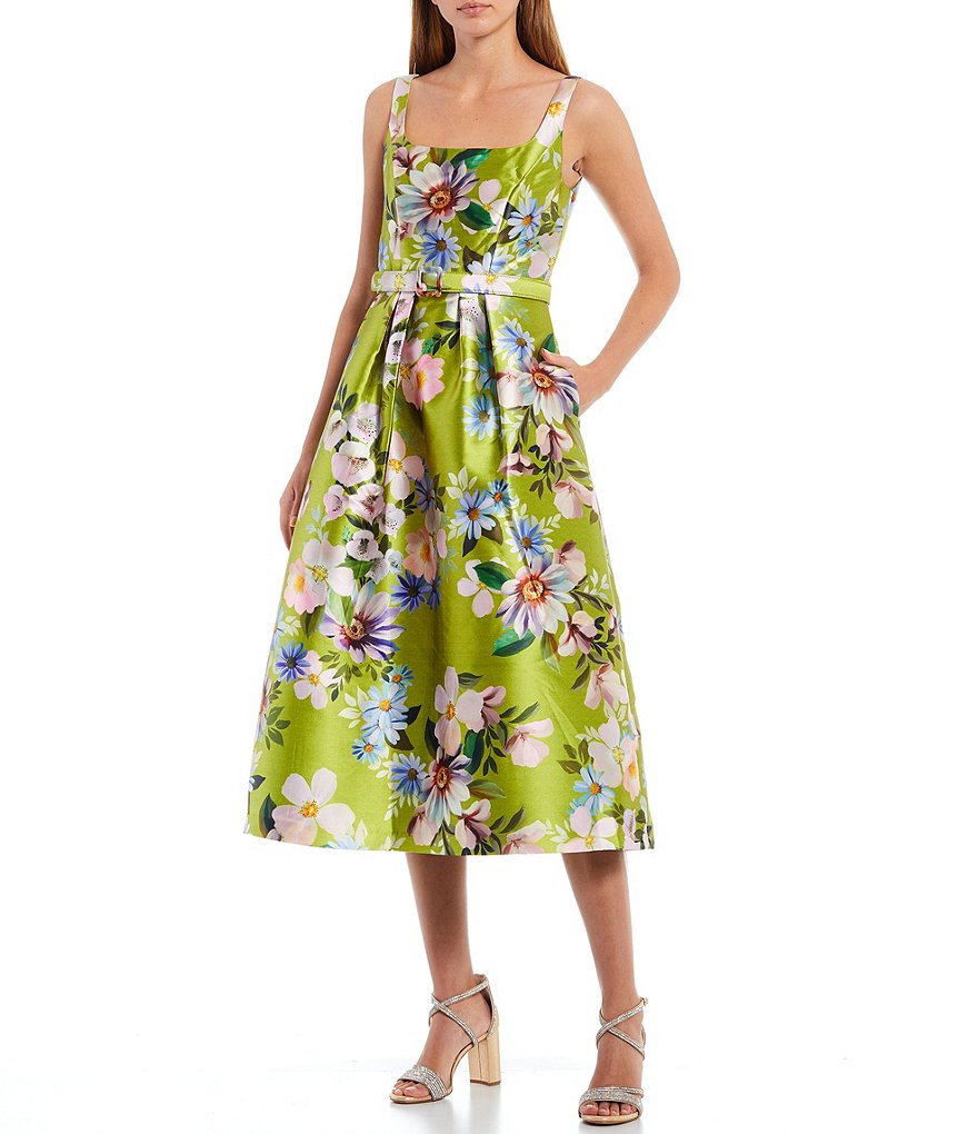 Kay Unger Lacey Tea Length Square Neck Sleeveless Floral Print Dress
