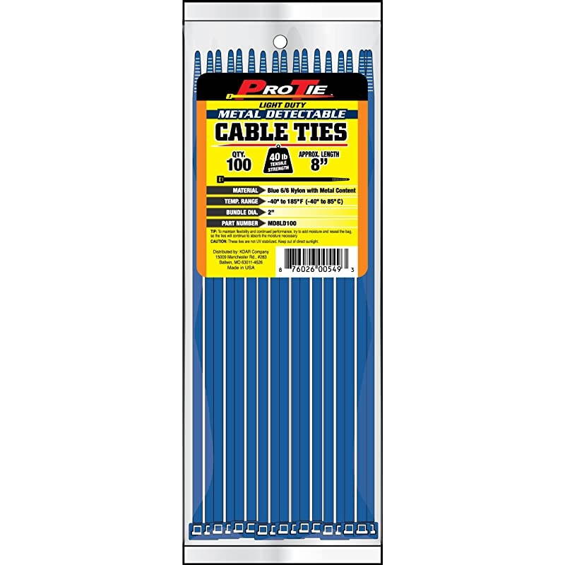 MD8LD100 8Inch Metal Detectable Light Duty Cable Ties Blue 100Pack