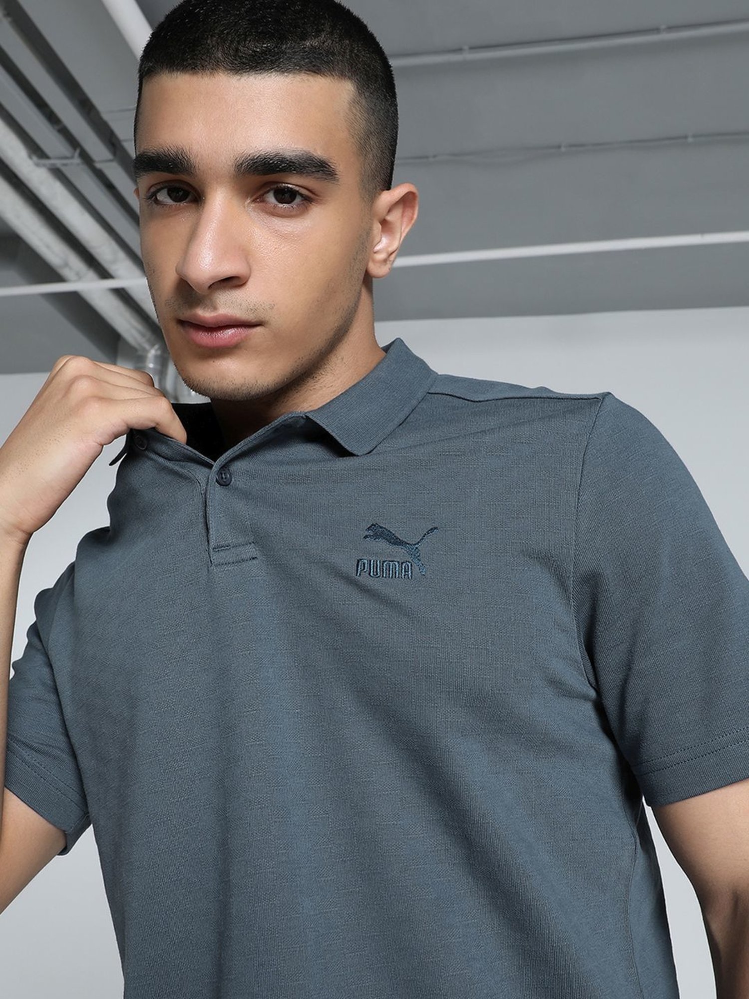 Puma Grey Cotton Regular Fit Texture Polo T-Shirt