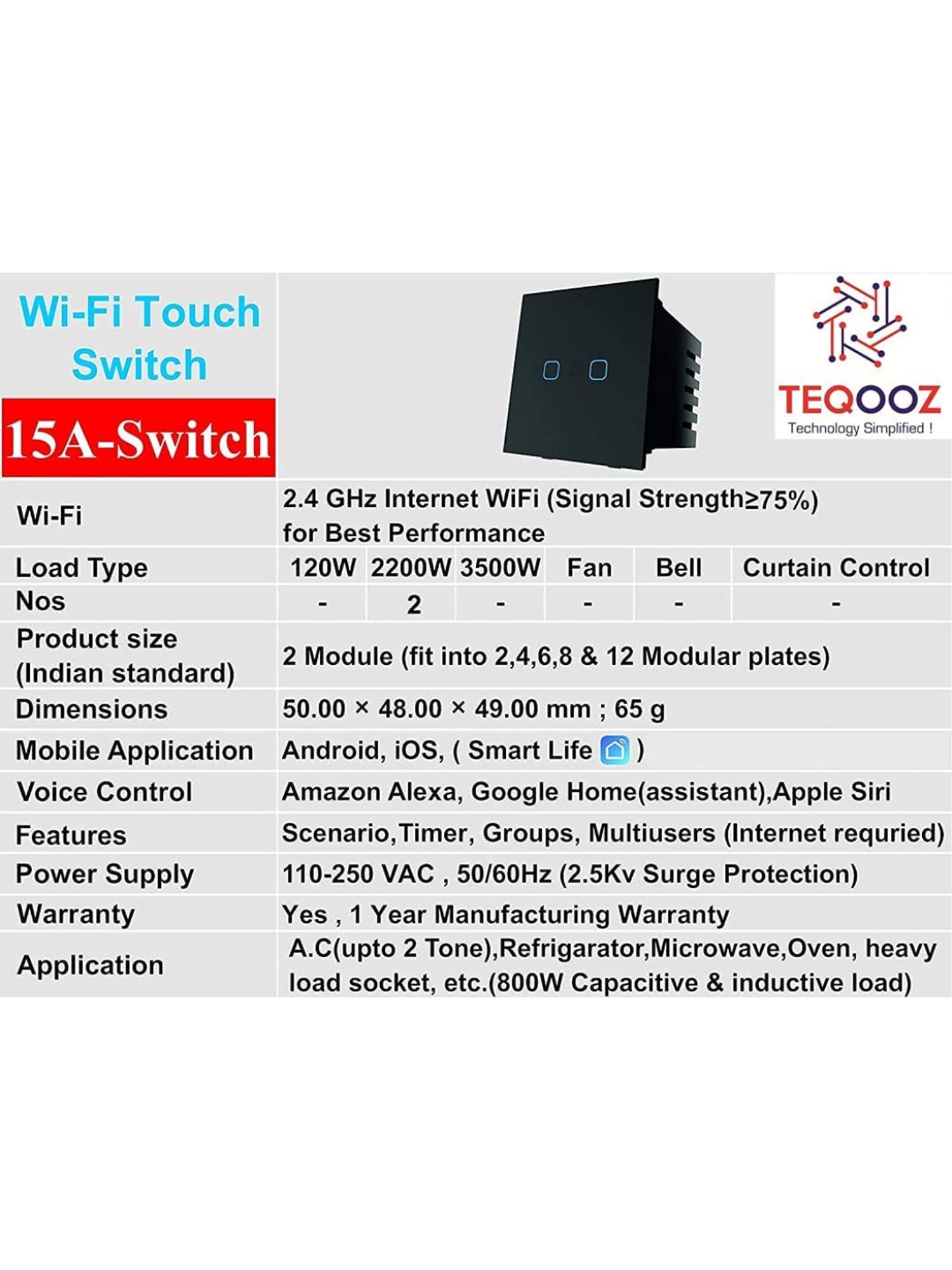 Teqooz 16Amp 2-Switch Smart Wi-Fi plus Bluetooth Touch Switch (Black)