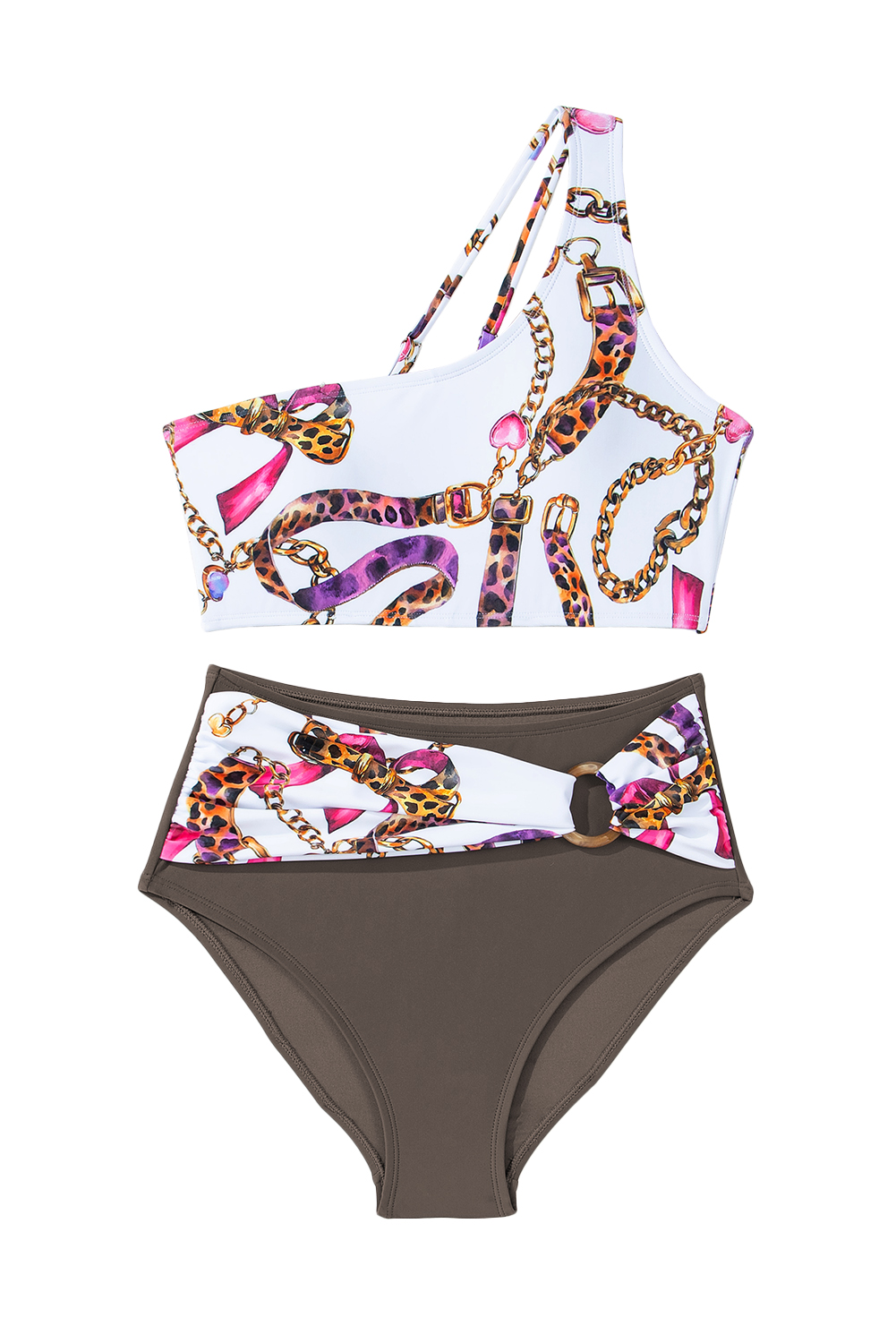 Khaki Abstract Print One Shoulder Ring Linked High Waist Bikini