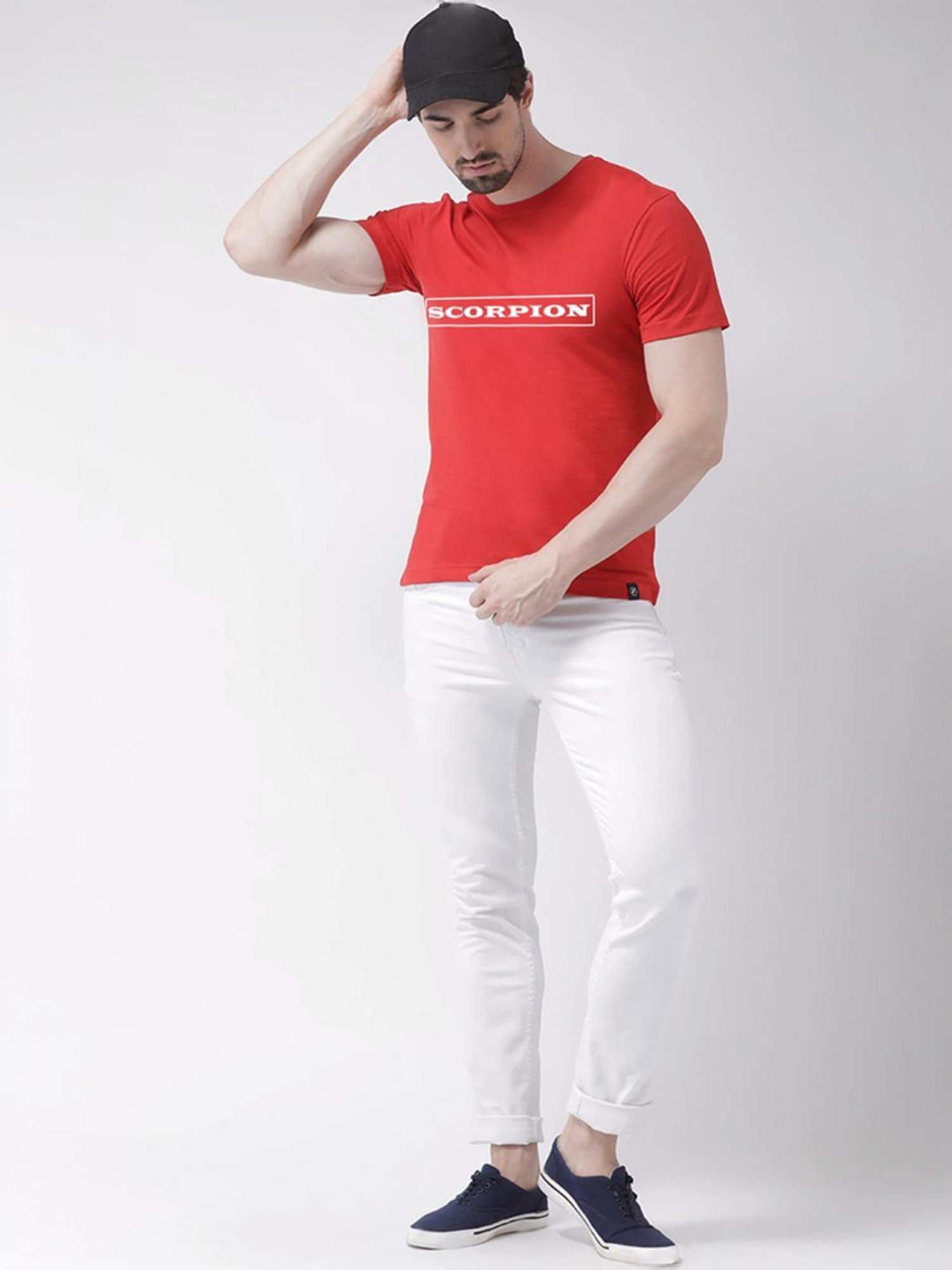 Friskers Red Cotton Slim Fit Printed T-Shirt