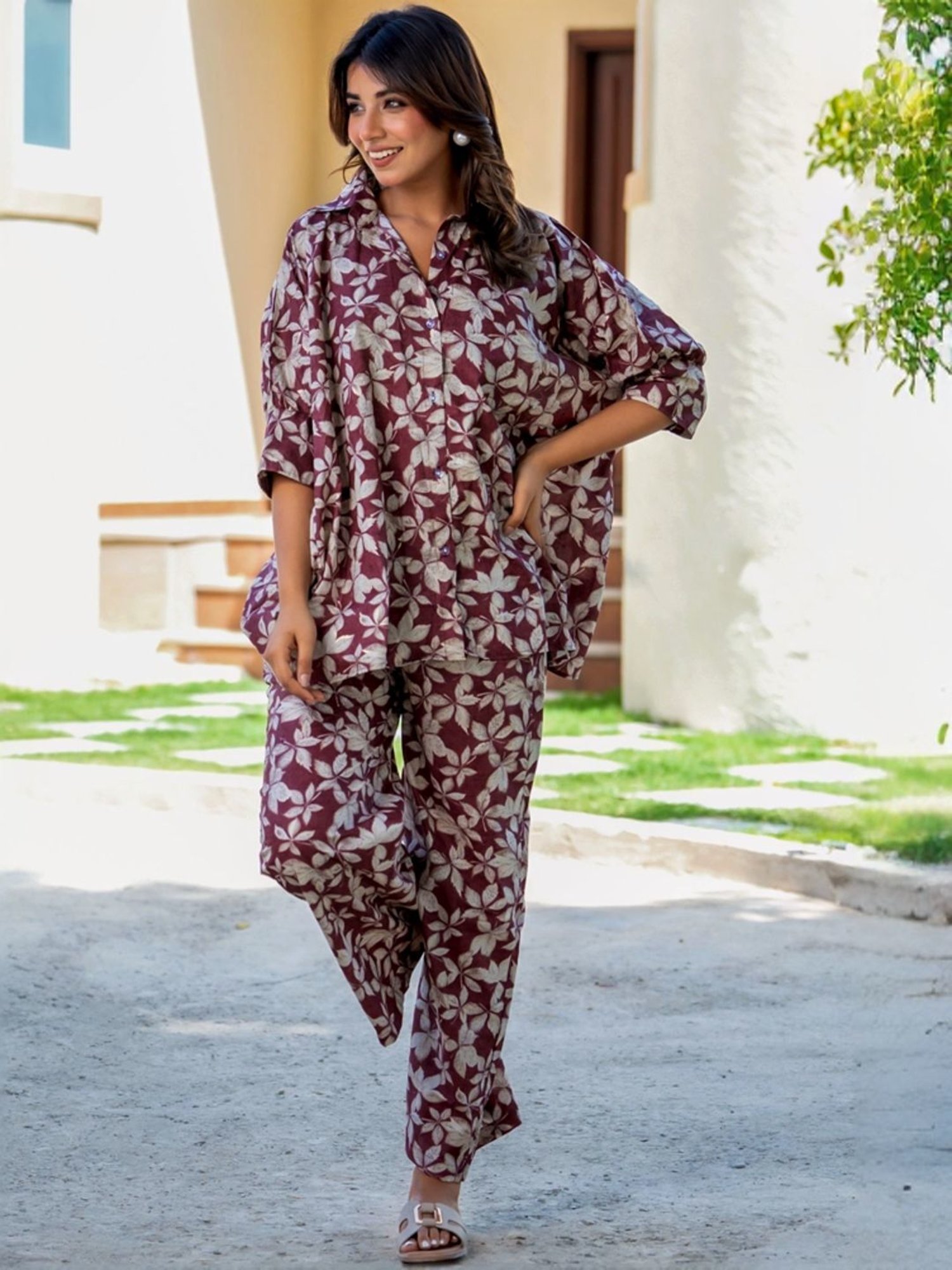 HOUSE OF JAMOTI Maroon Cotton Printed Tunic Pant Set