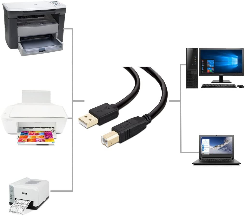 Printer Cable 25 ft, NC XQIN USB Printer Cable Cord Type A-Male to B-Male Printer USB Cable for Printer/Scanner-Gold-Plated