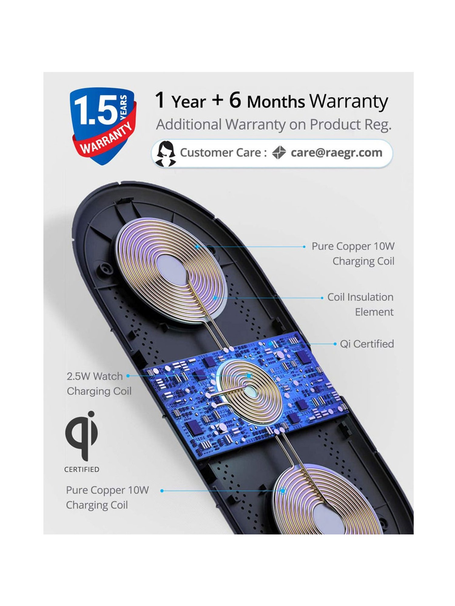 RAEGR Arc 1350 3-in-1 Triple Wireless Charging Pad Trio Mat with 2 Type-C PD Cables - (Black)