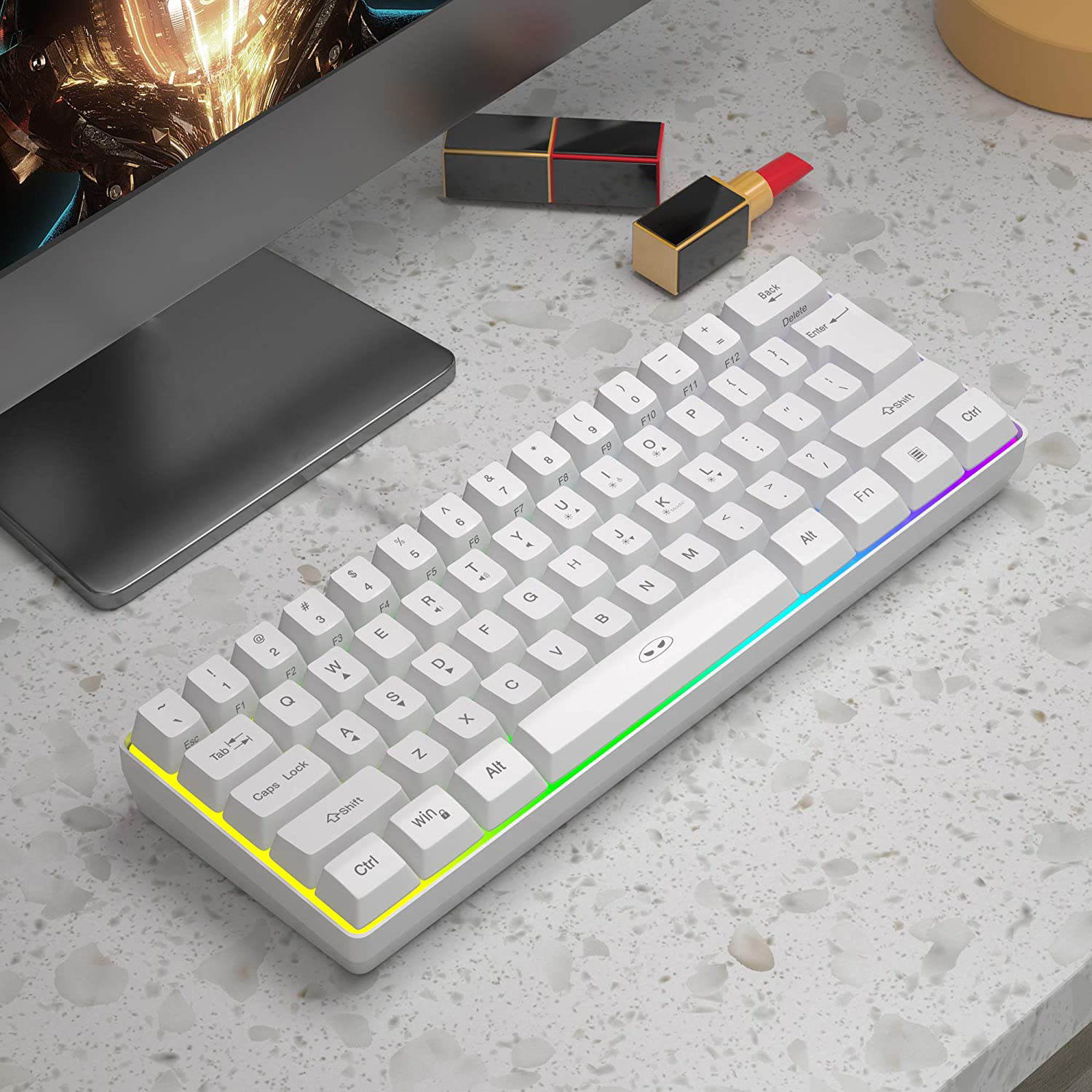 Wireless mini keyboard 61-key mini portable membrane keyboard RGB backlit office keyboard Windows/Mac/laptop keyboard (white)