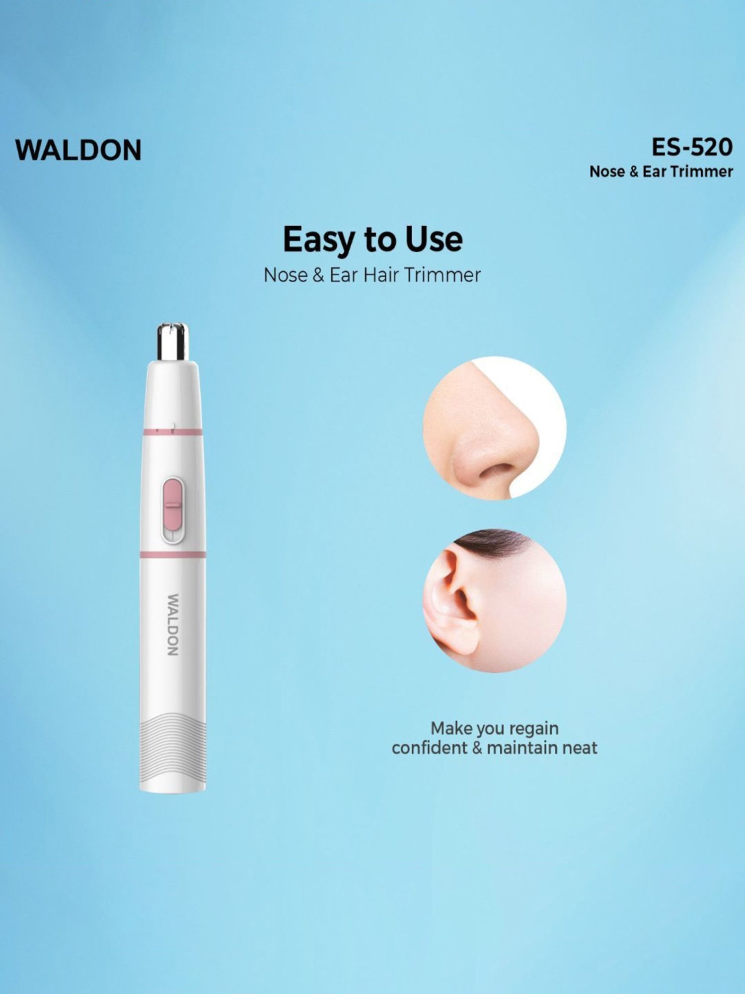 Waldon ES-520 Cordless Nose Trimmer Unisex Suitable for Ear and Eyebrow,Stainless Steel (White)