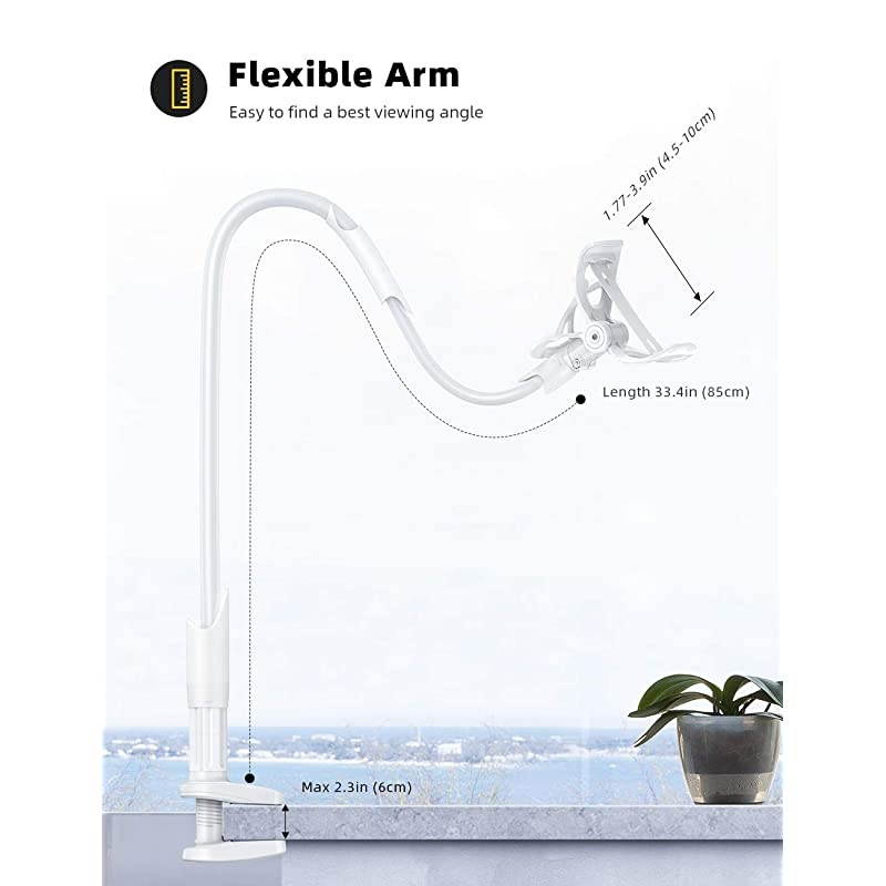 Phone Holder Bed Gooseneck Mount  Flexible Arm 360 Mount Clip Bracket Clamp Stand for Cell Phone 11 Pro XS Max XR X 8 7 6 Plus 5 4 Galaxy S10 S9 S8 S7 S6 Overall Length 334InWhite