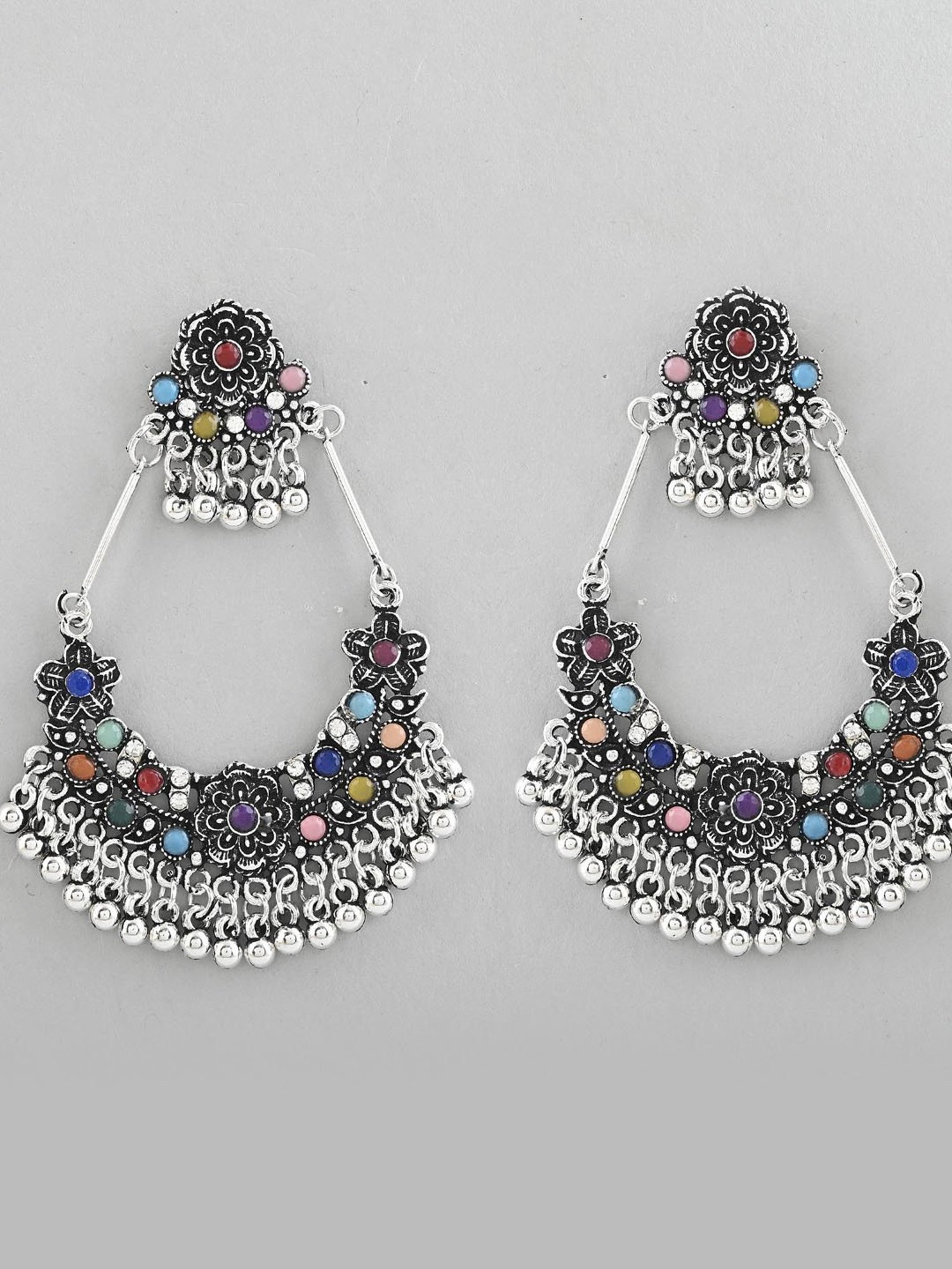 VOJ Silver-Plated Multi Colour Flower Oxidized Shaped Drop Earrings for Women