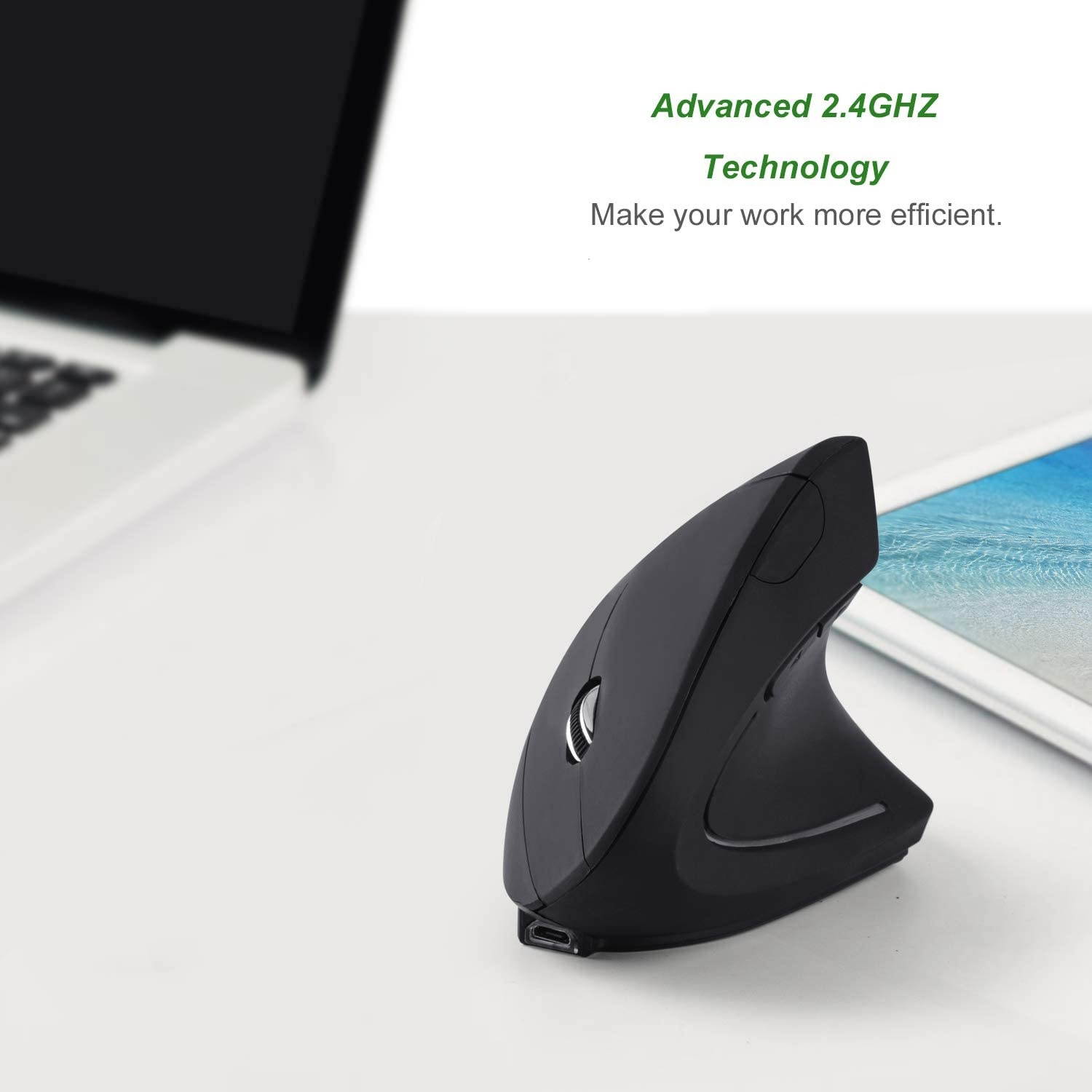 Rechargeable Ergonomic Wireless Mouse, 2.4G USB Optical Vertical Mouse with 3 Adjustable DPI 800/1200/1600 Levels 6 Buttons for Computer, Laptop, PC, MacBook- Black