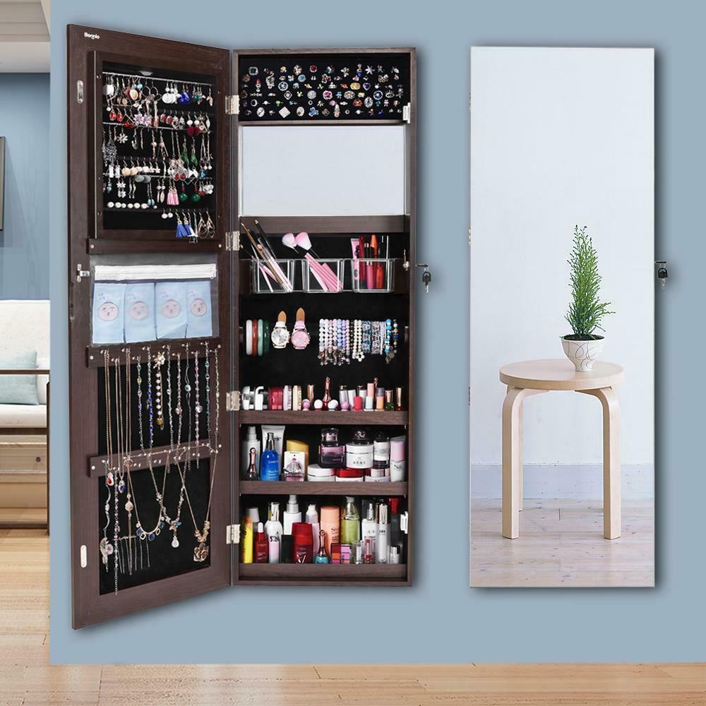 New Large Jewelry Mirror Cabinet Organizer Armoire Wall/Door Mounted Lockable