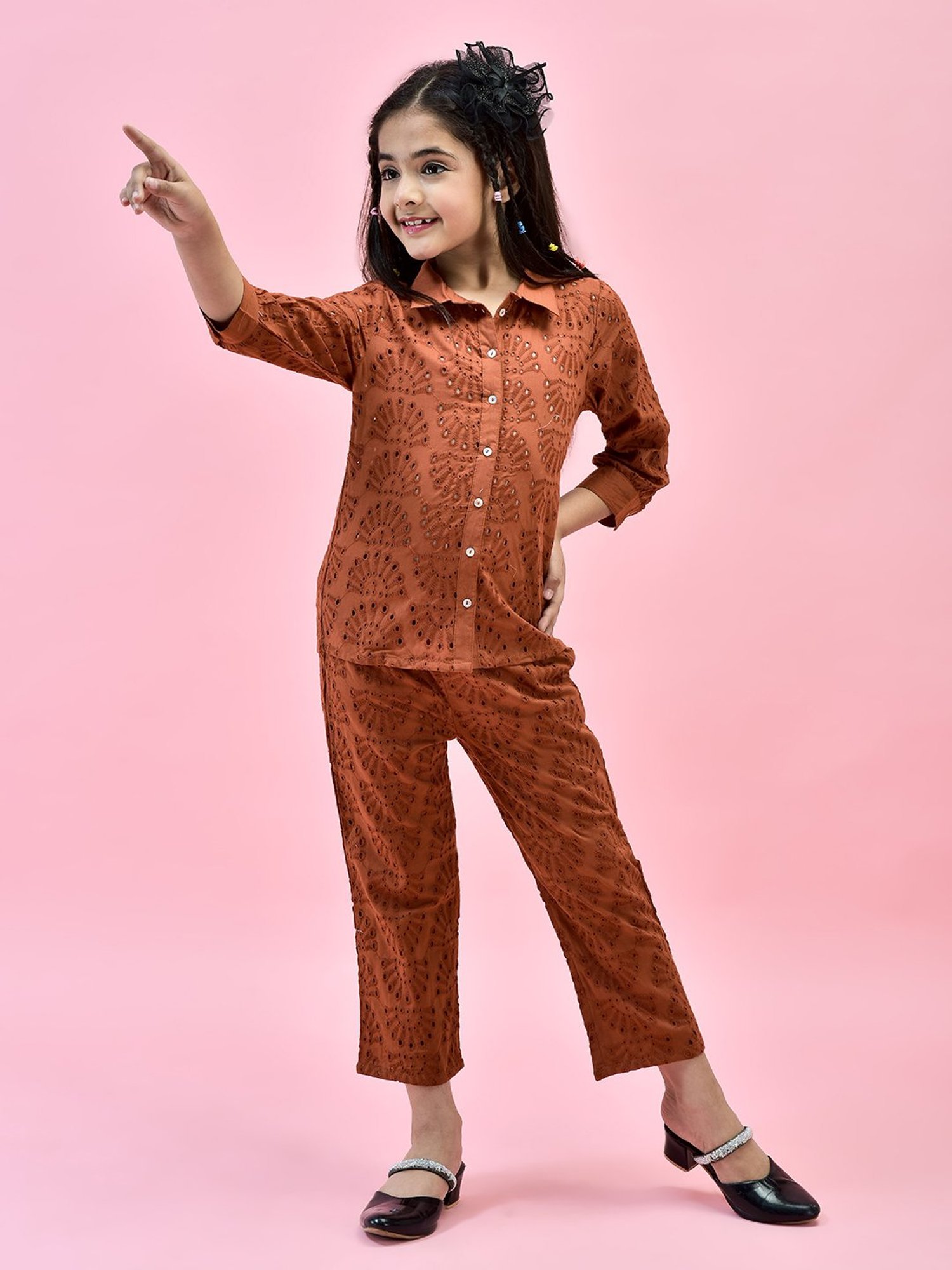 Juniper Girls Rust Self Design Shirt With Pants