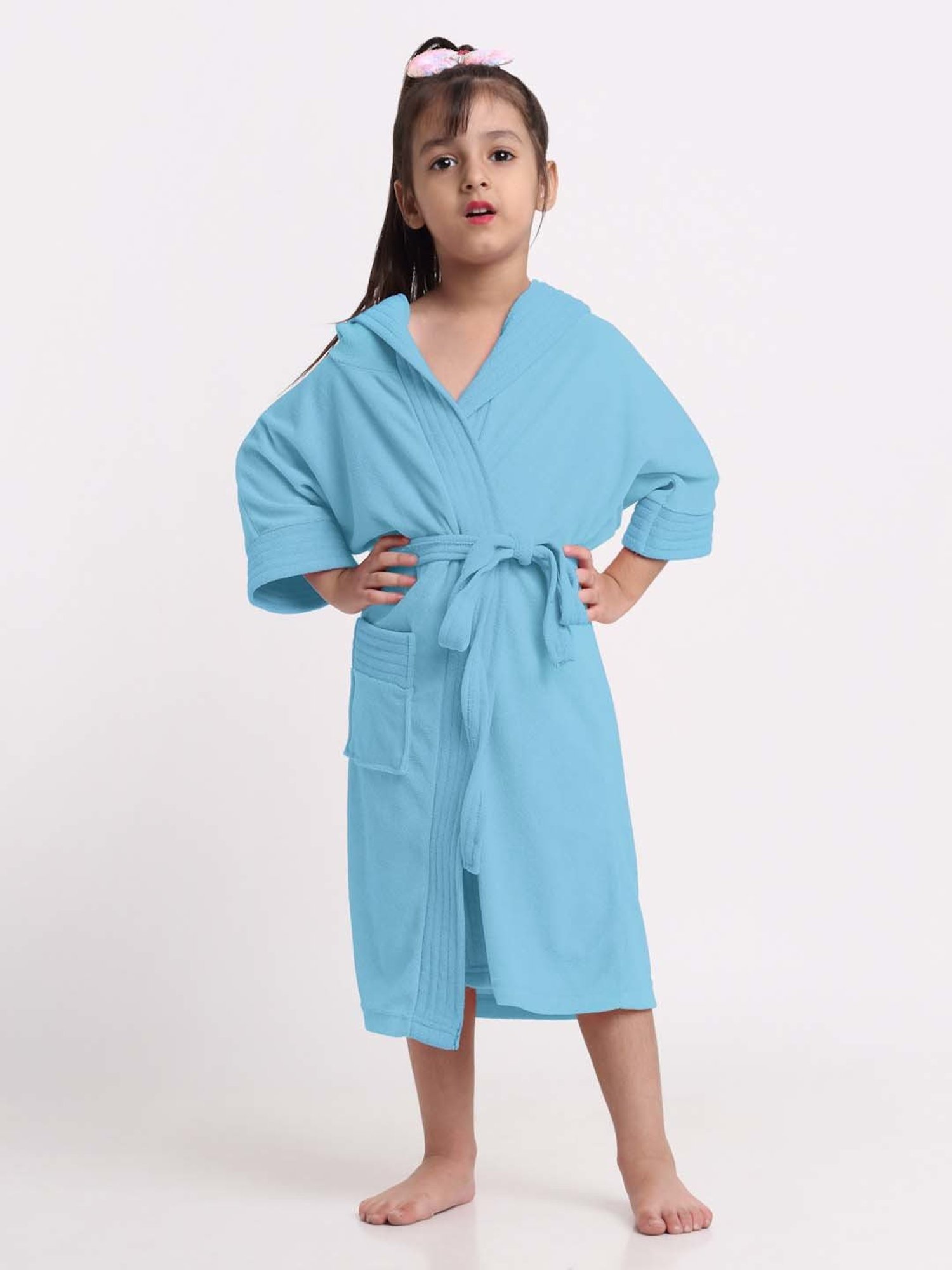 Creeva Melodious Ocean Blue Micro Terry 225 GSM Kids Hooded Bathrobe 4-5 Years With Pocket