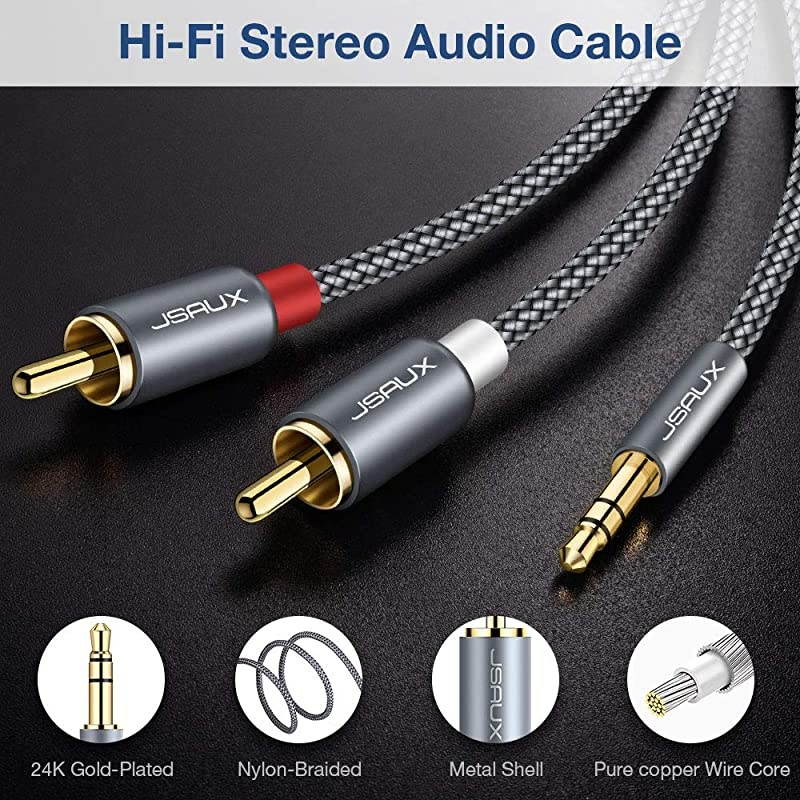 RCA Cable 4ft12M Dual Shielded GoldPlated 35mm Male to 2RCA Male Stereo Audio Adapter Cable Nylon Braided AUX RCA Y Cord for Smartphones MP3 Tablets Speakers HDTV Grey