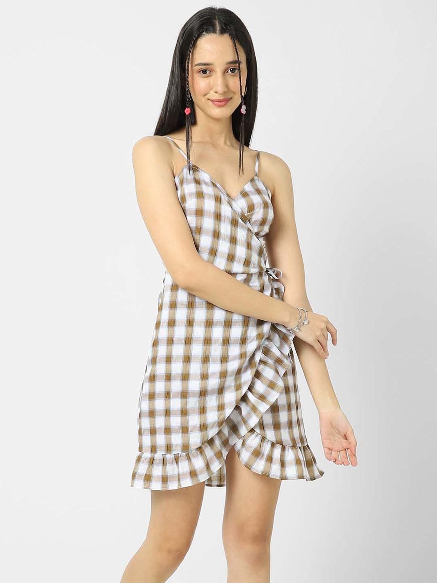 VASTRADO Brown Cotton Chequered A-Line Wrap Dress