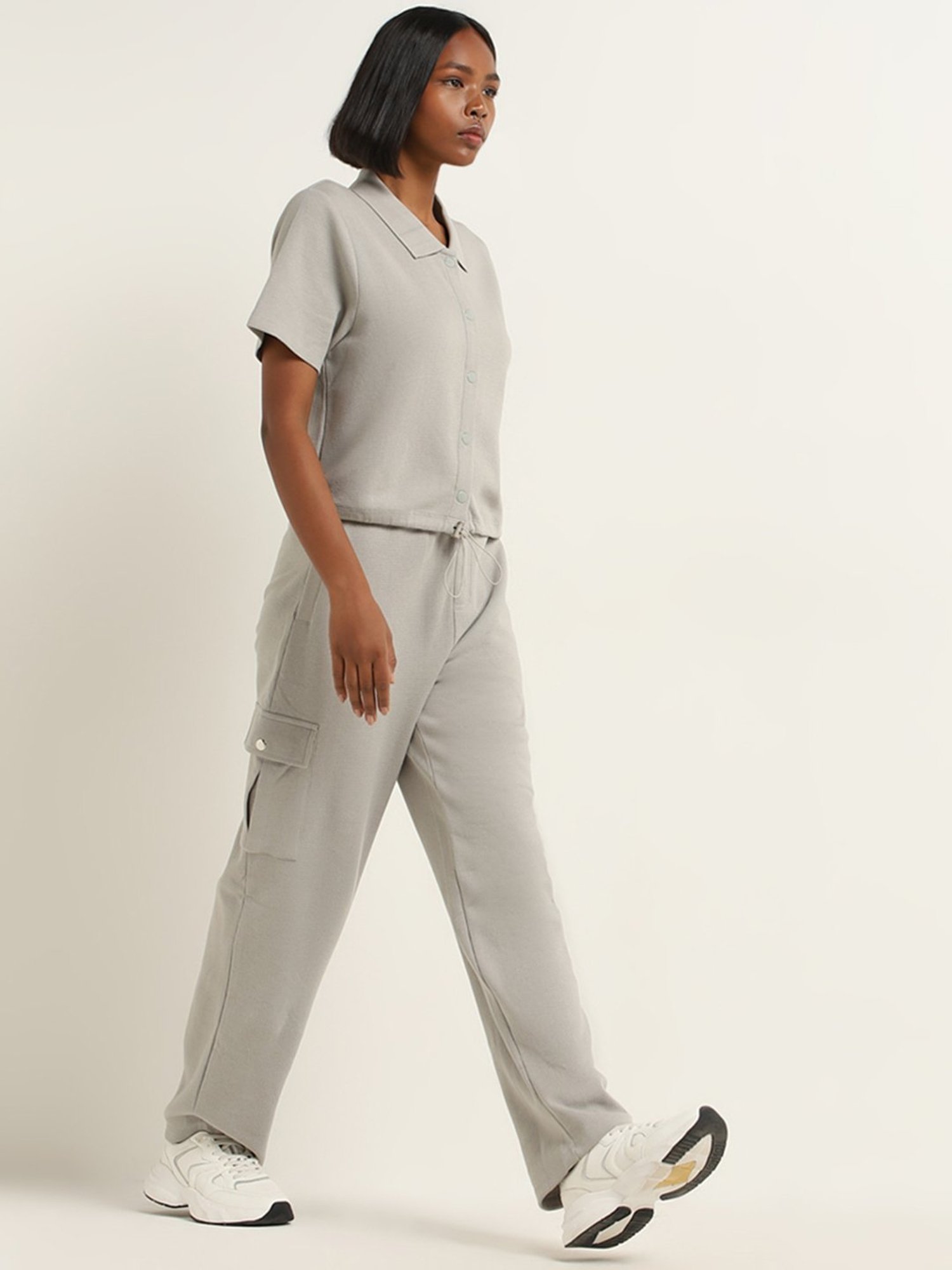 Studiofit by Westside Grey Waffle Textured High Rise Track Pants