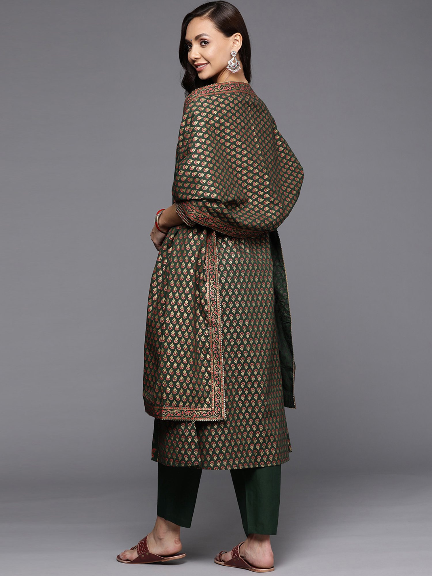 Indo Era Green Printed Kurta Pant Set With Dupatta