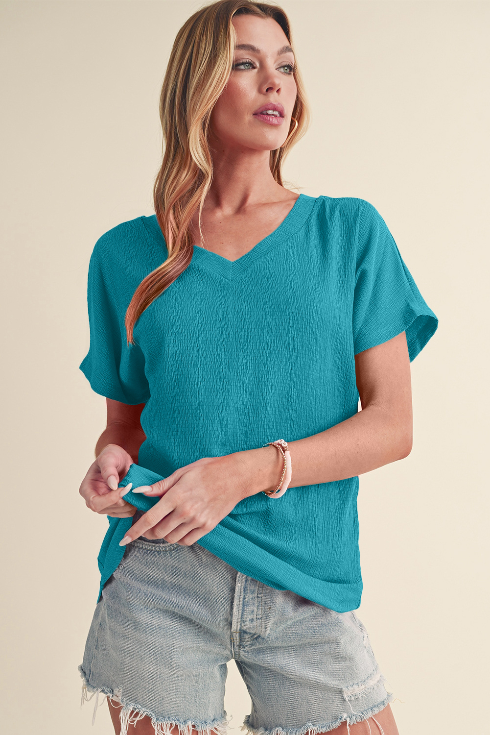 Blue Plain Crinkled V Neck Flounce Sleeve T Shirt