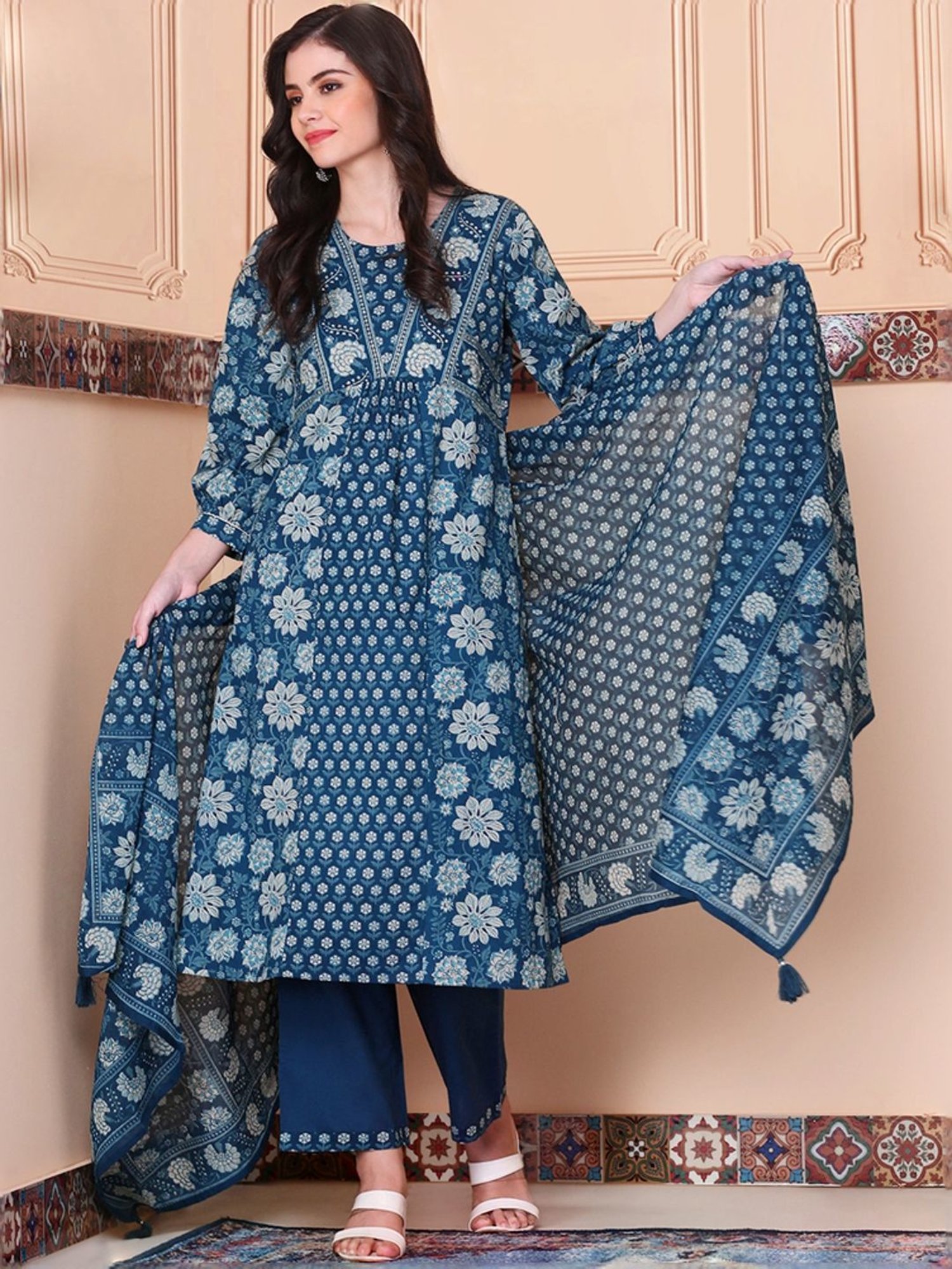 Ishin Blue Floral Print Kurta & Pants Set with Dupatta