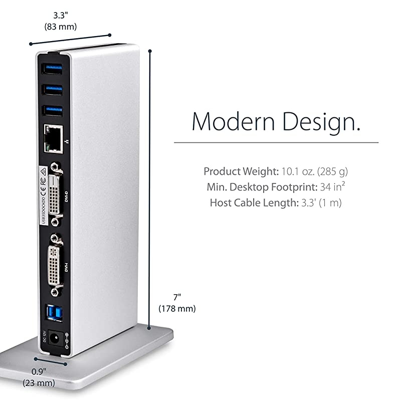 com Dual Monitor USB 3.0 Docking Station w/ DVI to VGA & HDMI Adapters, 5x USB 3.0 & Audio - Vertical DVI Dock for Mac & Windows (USB3SDOCKDD),Black & silver