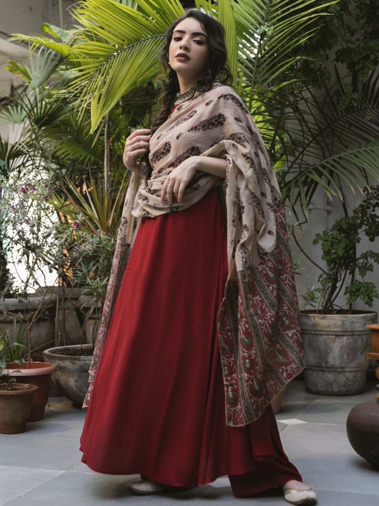 Rustorange Maroon Flared Kurta & Palazzo Set with Dupatta