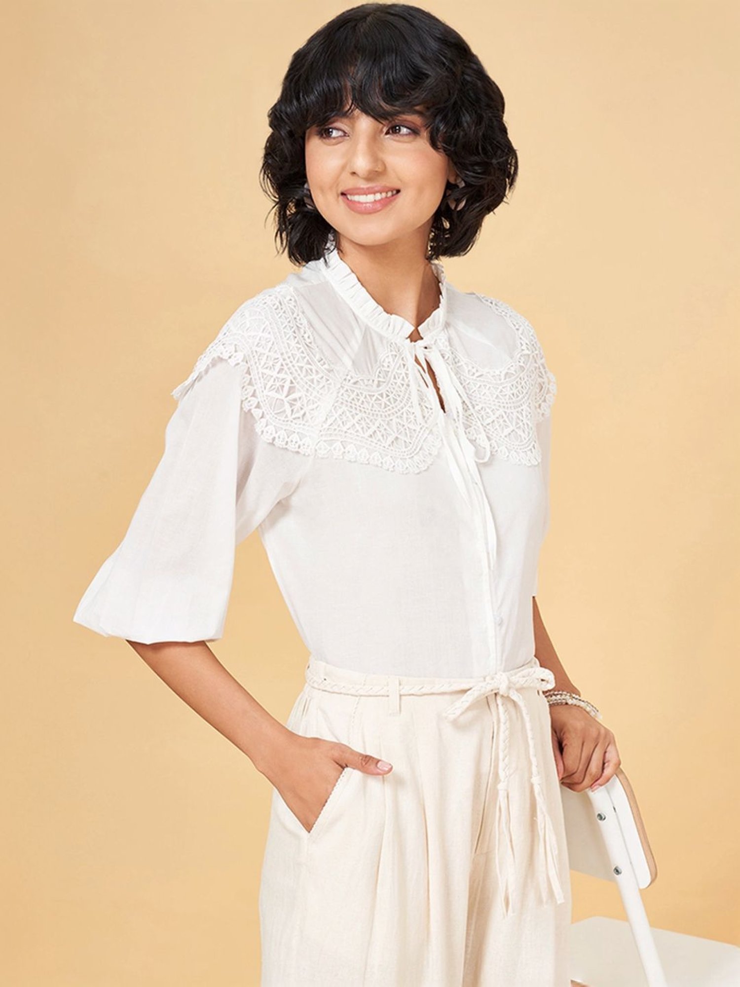 Honey by Pantaloons White Cotton Lace Work Top