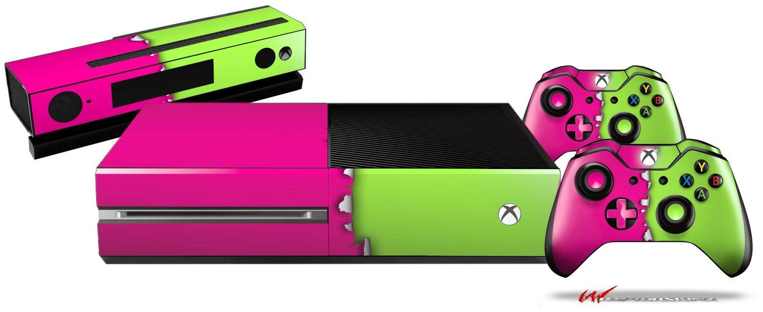 Ripped Colors Hot Pink Neon Green - Holiday Bundle Decal Style Skin Set fits XBOX One Console, Kinect and 2 Controllers (XBOX SYSTEM SOLD SEPARATELY)
