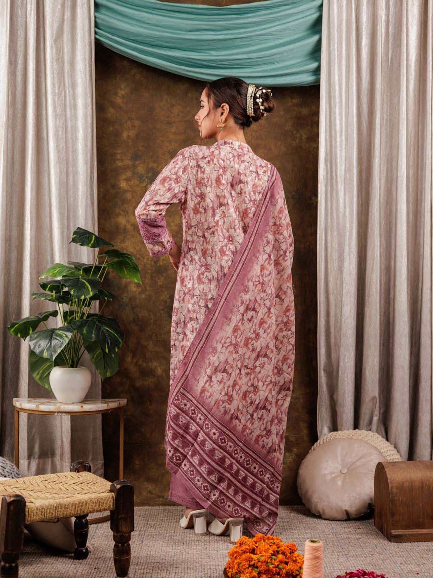 Yufta Purple Cotton Printed Kurta Pant Set With Dupatta