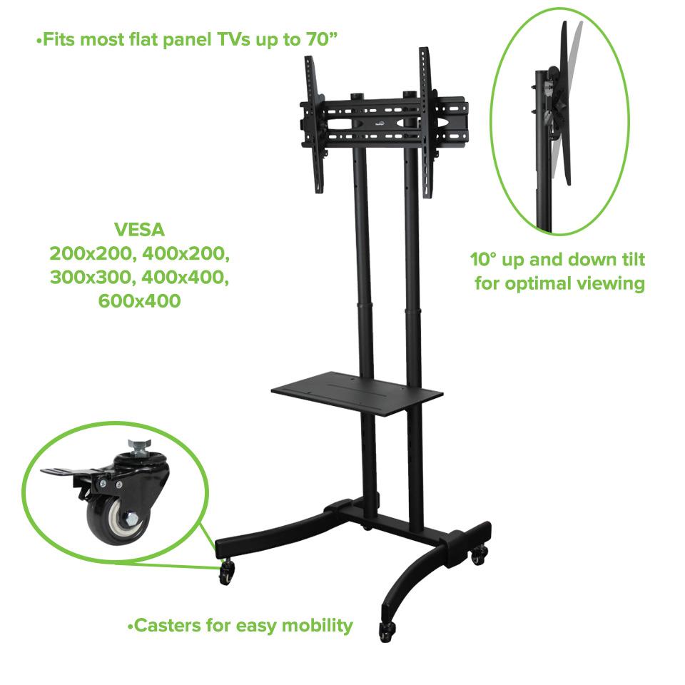 NavePoint Rolling TV Stand Mobile TV Cart Adjustable Height with Component Shelf 37-70