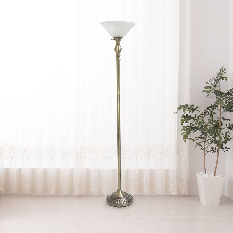 1 Light Torchiere Floor Lamp with Marbleized Glass Shade Antique Brass - Elegant Designs