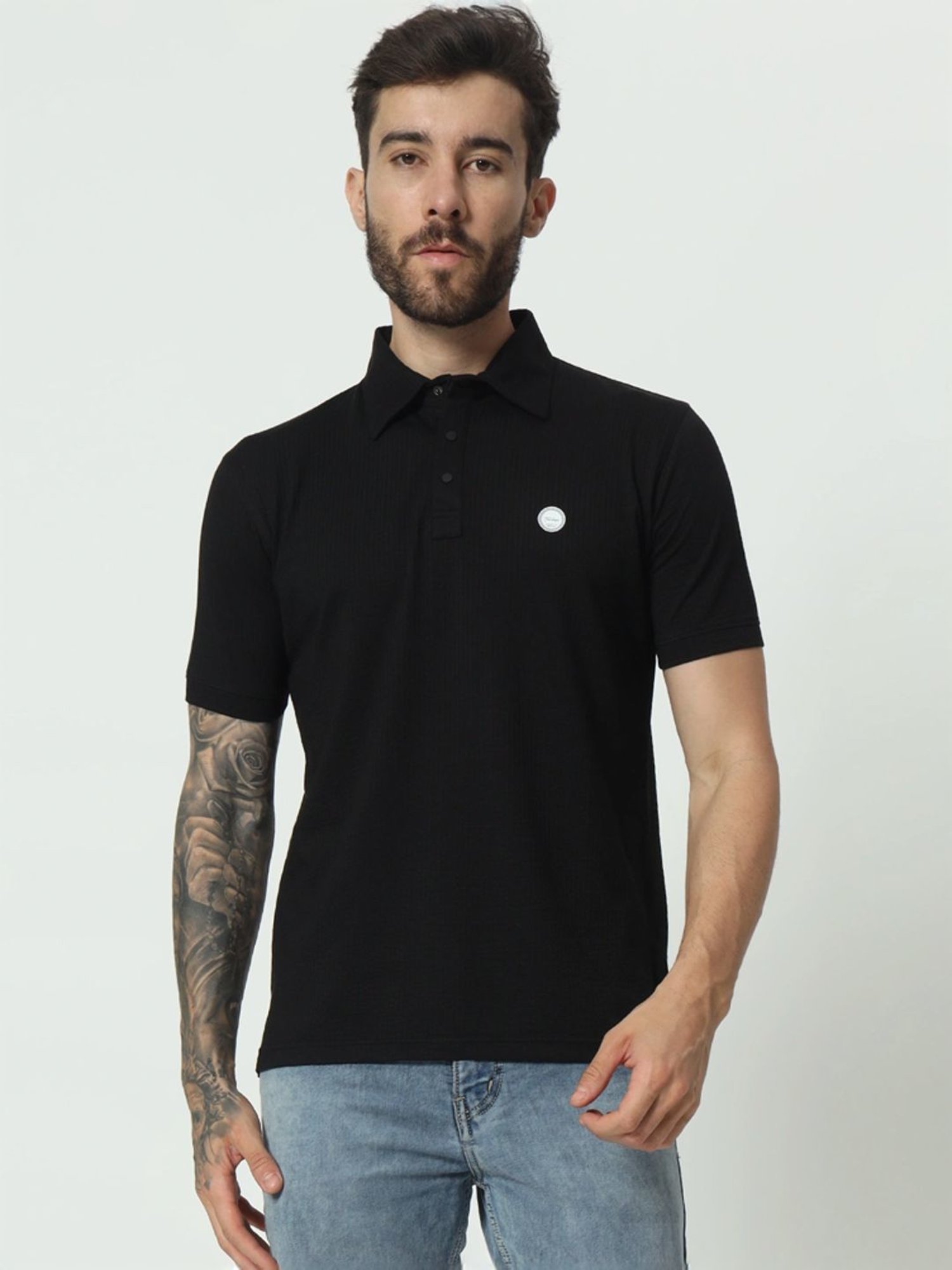 Tab91 Black Regular Fit Self Pattern Polo T-Shirts