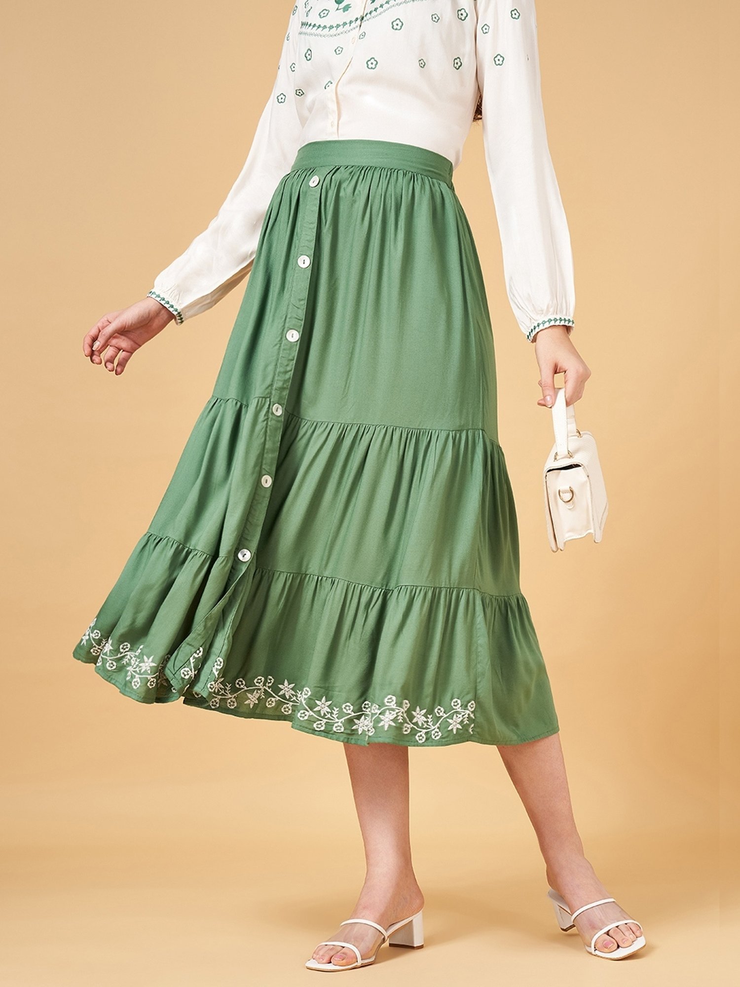 Honey by Pantaloons Green Embroidered A-Line Skirt