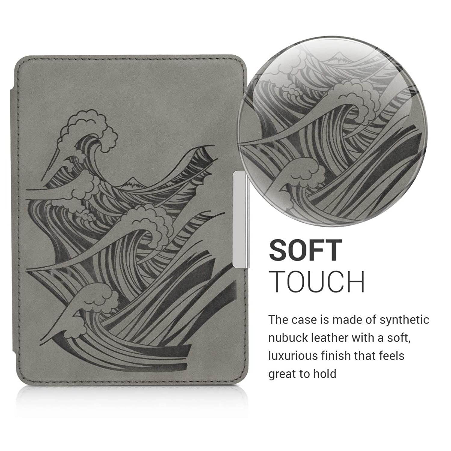 kwmobile Case Compatible with Amazon Kindle Paperwhite (10. Gen - 2018) - PU Nubuck Leather Protective e-Reader Flip Case Cover - Waves Grey