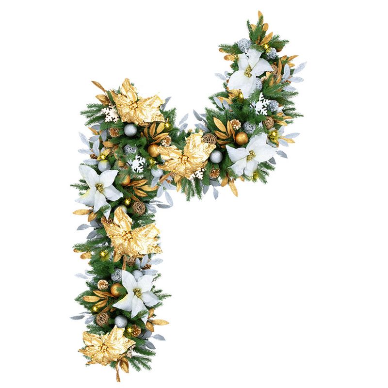Easy Treezy Indoor Artificial 6 Foot Pre Lit Decorated Holiday Christmas Garland with White Lights, Poinsettia Flowers, Ornaments, and Pine Cones