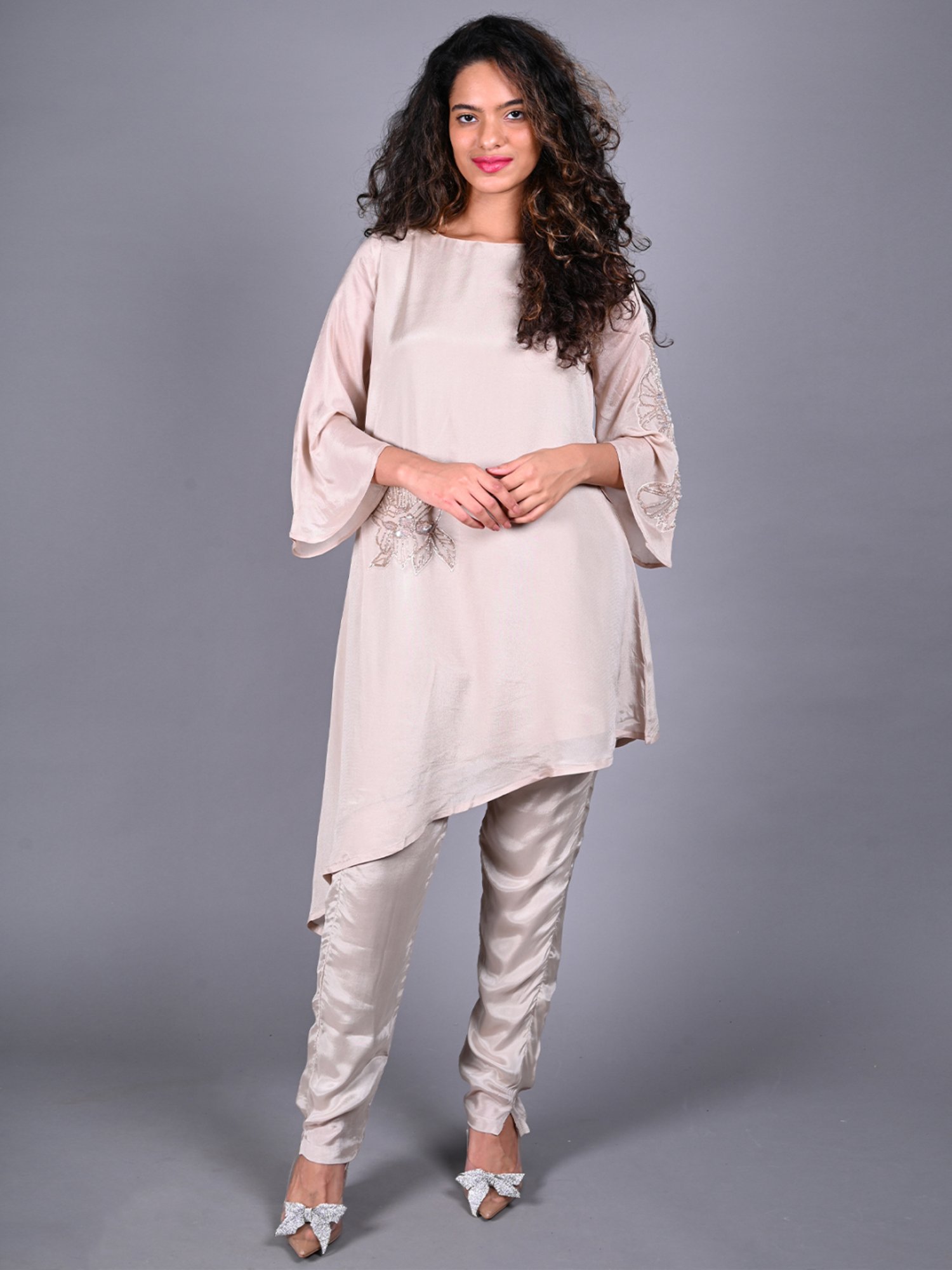 Odette Beige Embellished Tunic Pant Set